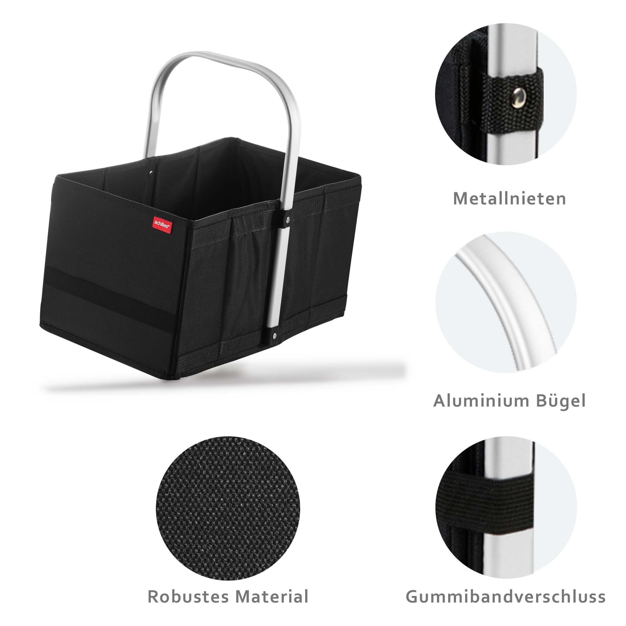 achilles Shopper Faltbarer Aluminium schwarz Einkaufskorb Handle-Box Einkaufs-Korb mit Griff