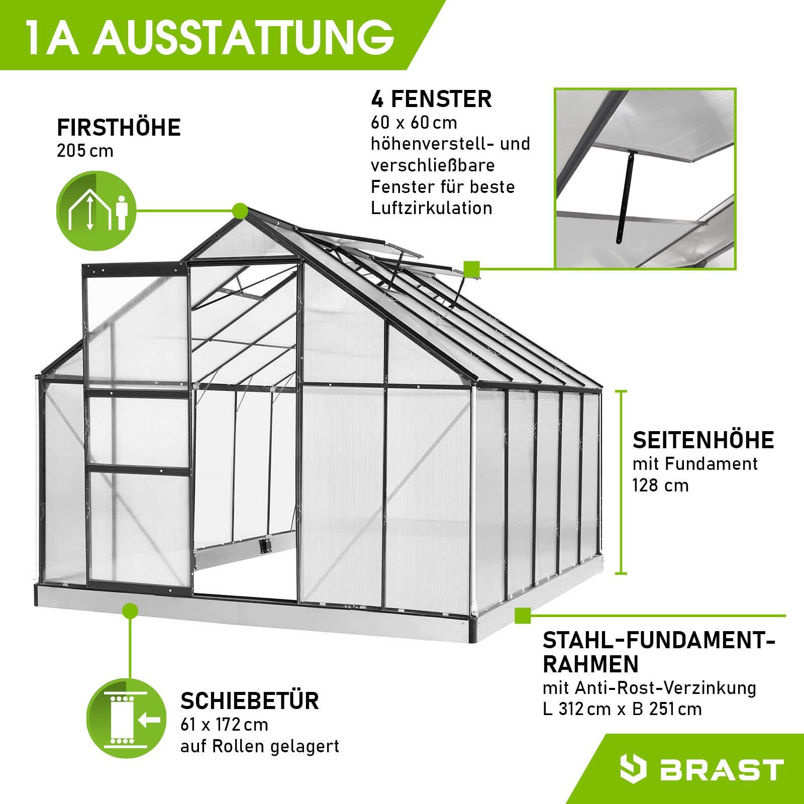 BRAST Gewächshaus ALU mit Fundament rostfrei 310x250x205cm TÜV geprüft, BxTxH: 250 x 310 x 205 cm, wetterfestes hochwertiges Aluminium, Temperaturbeständig, Wärmedämmend, Lichtbrechend & UV-stabilisiert