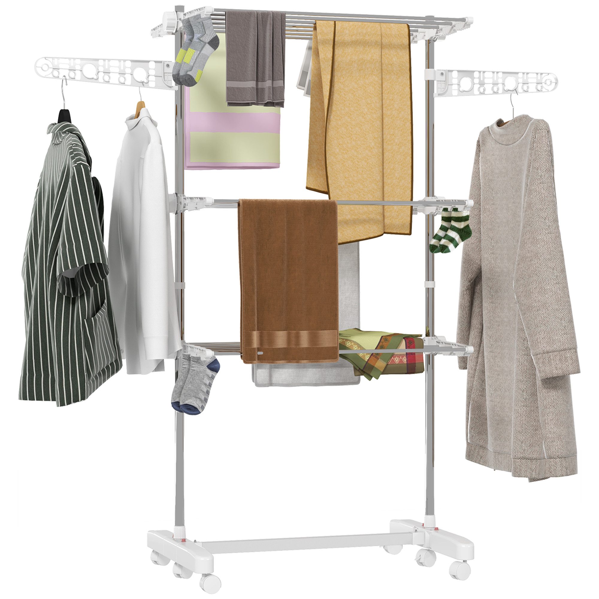 HOMCOM Wäscheständer Turm Standtrockner mit 3 Ebenen, klappbare Flügel, Rollen, für Indoor, Outdoor, Stahl Weiß 80,142 x 55 x 152 cm – Bild 2 von 5