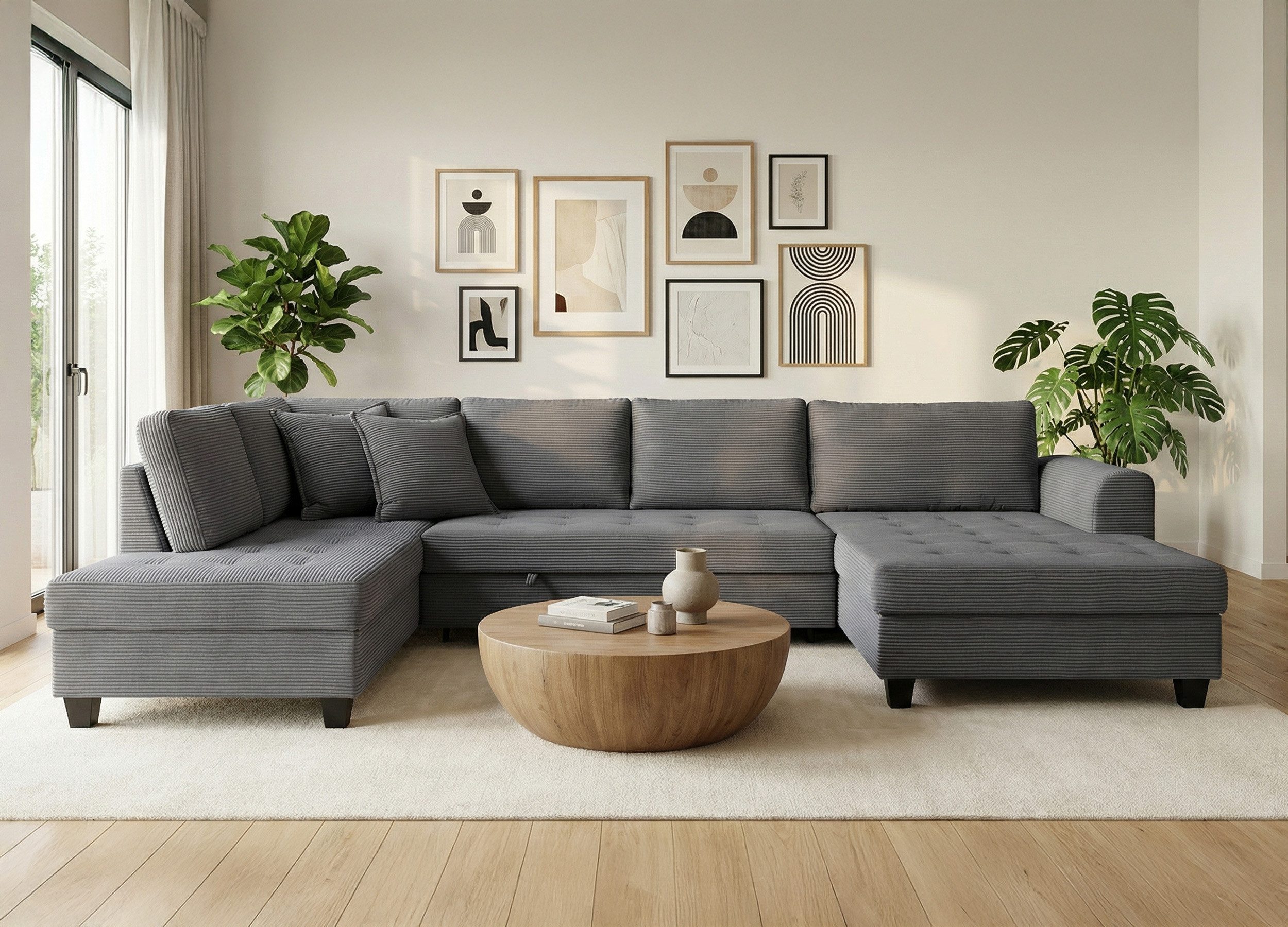 Massivart® Wohnlandschaft Cord grau 324 cm / Schlaffunktion & Bettfunktion / MANDALIA, Nosagunterfederung · frei im Raum stellbar · inkl. 8 Kissen