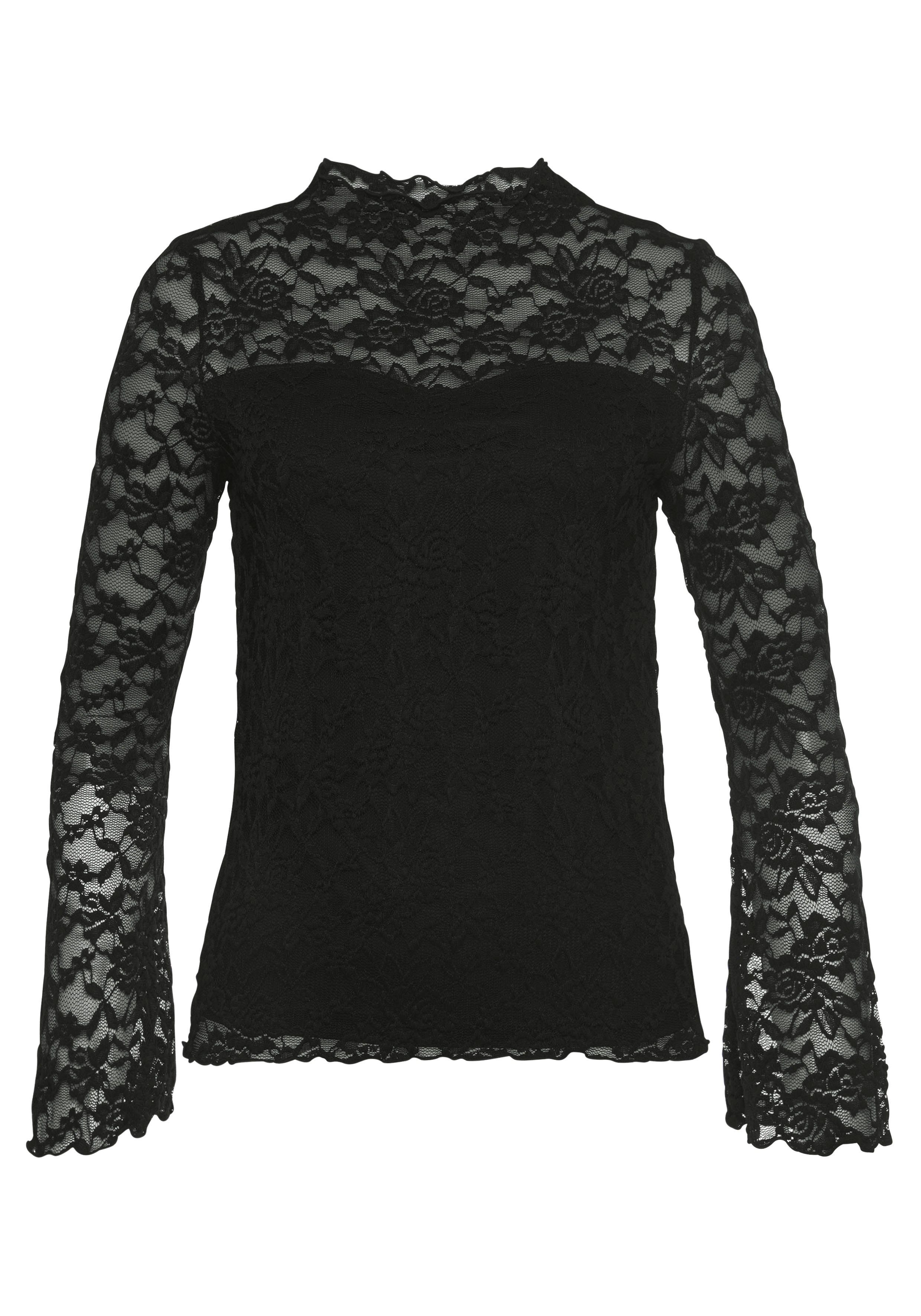 Laura Scott T-Shirt Langarm, figurbetonter Schnitt, Tulpenärmel, Stehkragen