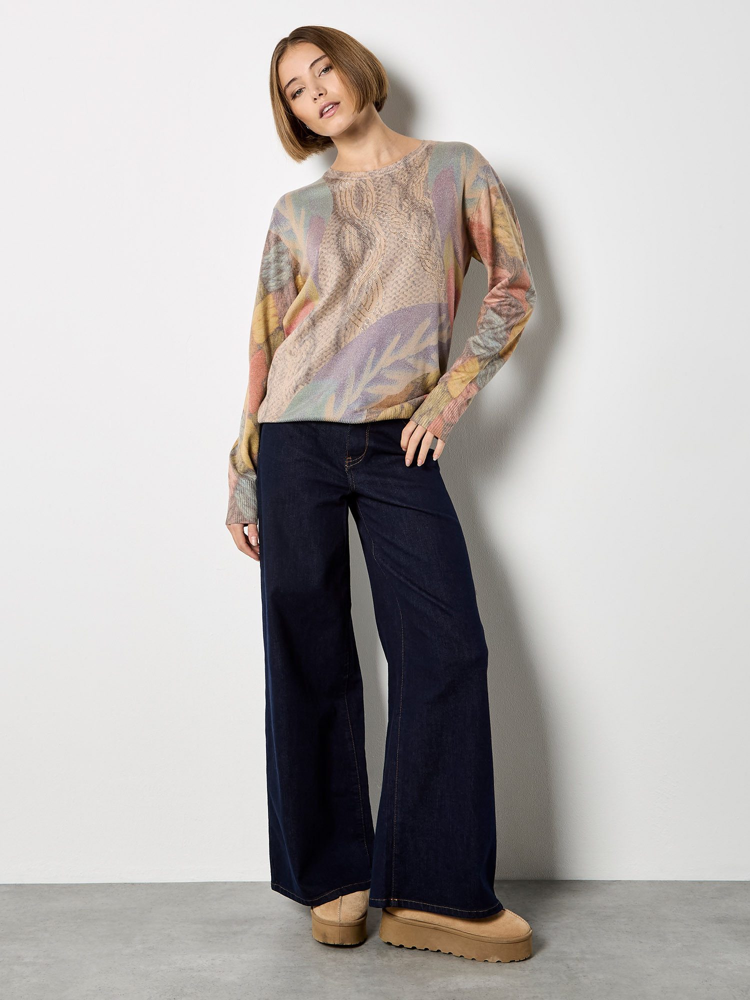 Apricot Rundhalspullover Leicher Strickpullover mit Strass günstig online kaufen