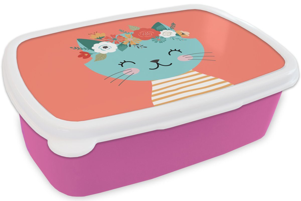 Lunchbox Kinder, Blumen MuchoWow Katze (2-tlg), Kunststoff, für Snackbox, Brotdose Kunststoff Mädchen, Rosa, Erwachsene, - Brotbox -