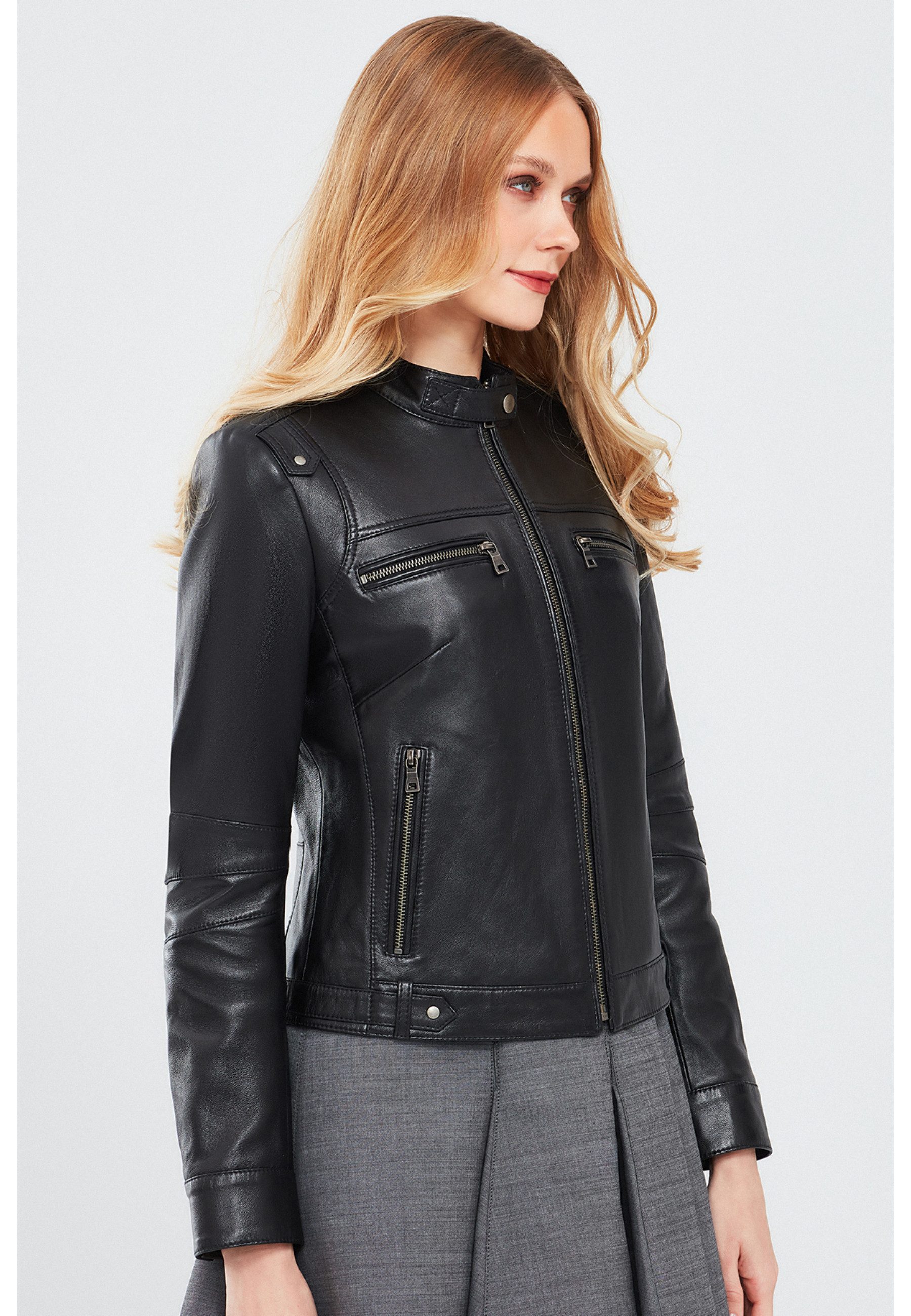 Derimod Lederjacke Vicky Kurze Lederjacke Regular Fit, Reißverschluss, Stehkragen, Kurz, Textilfutter