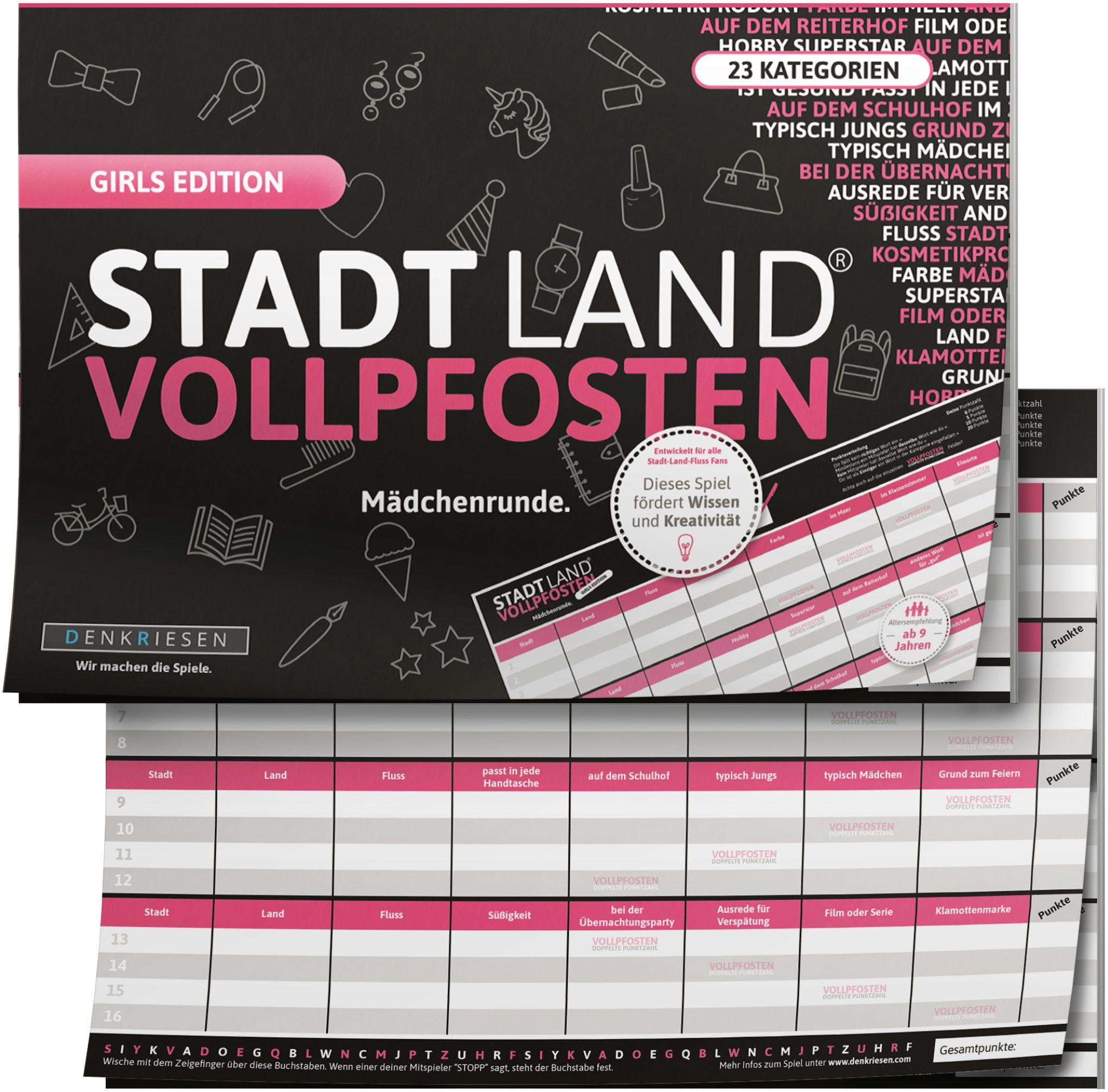 Spiel Stadt Land Vollpfosten, Girls Edition Mädchenrunde A4 Block
