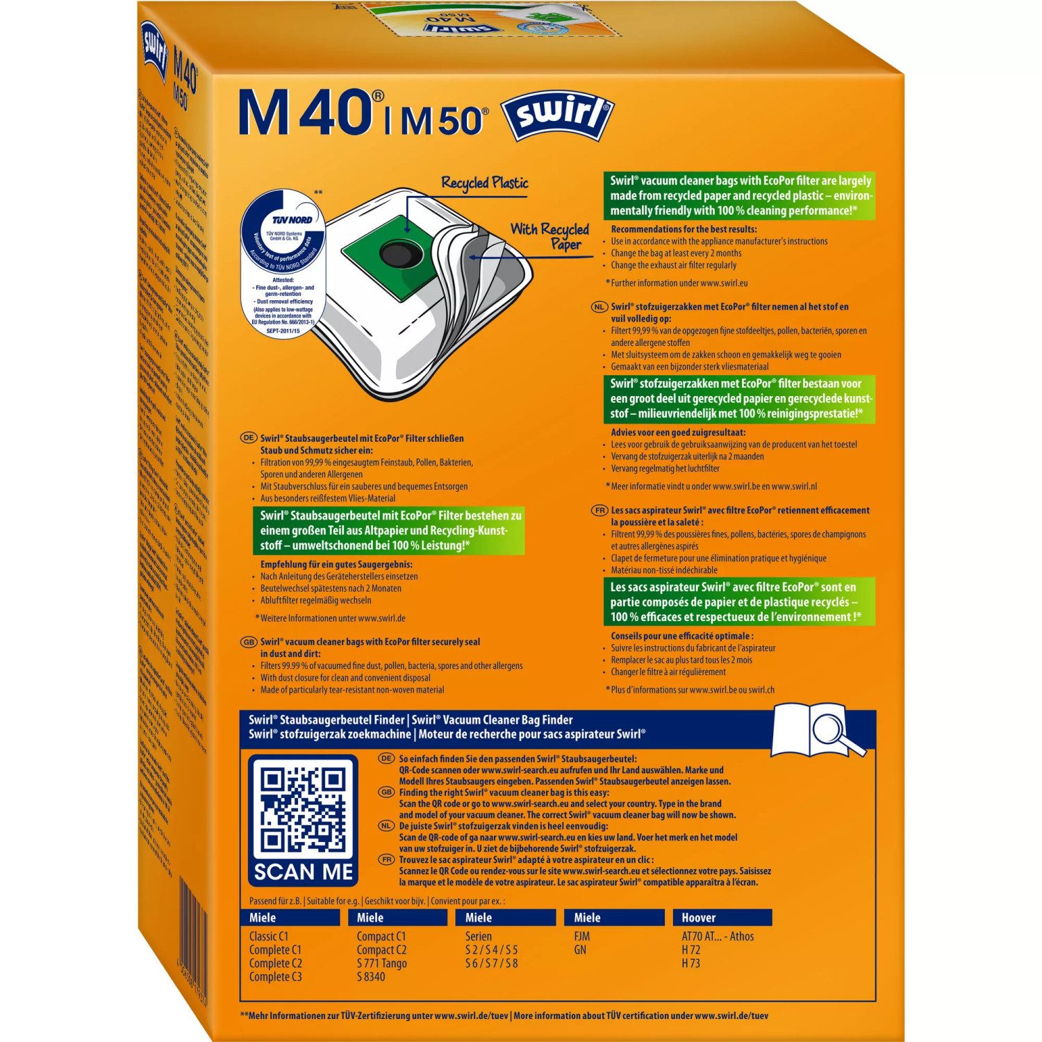 Swirl Staubsaugerbeutel Swirl M50 M 50, passend für Miele Staubsauger, inkl. 3 Filter - zuschneidbar, 12 St., Optimale Passform, EcoPor Qualität für lange Nutzungsdauer