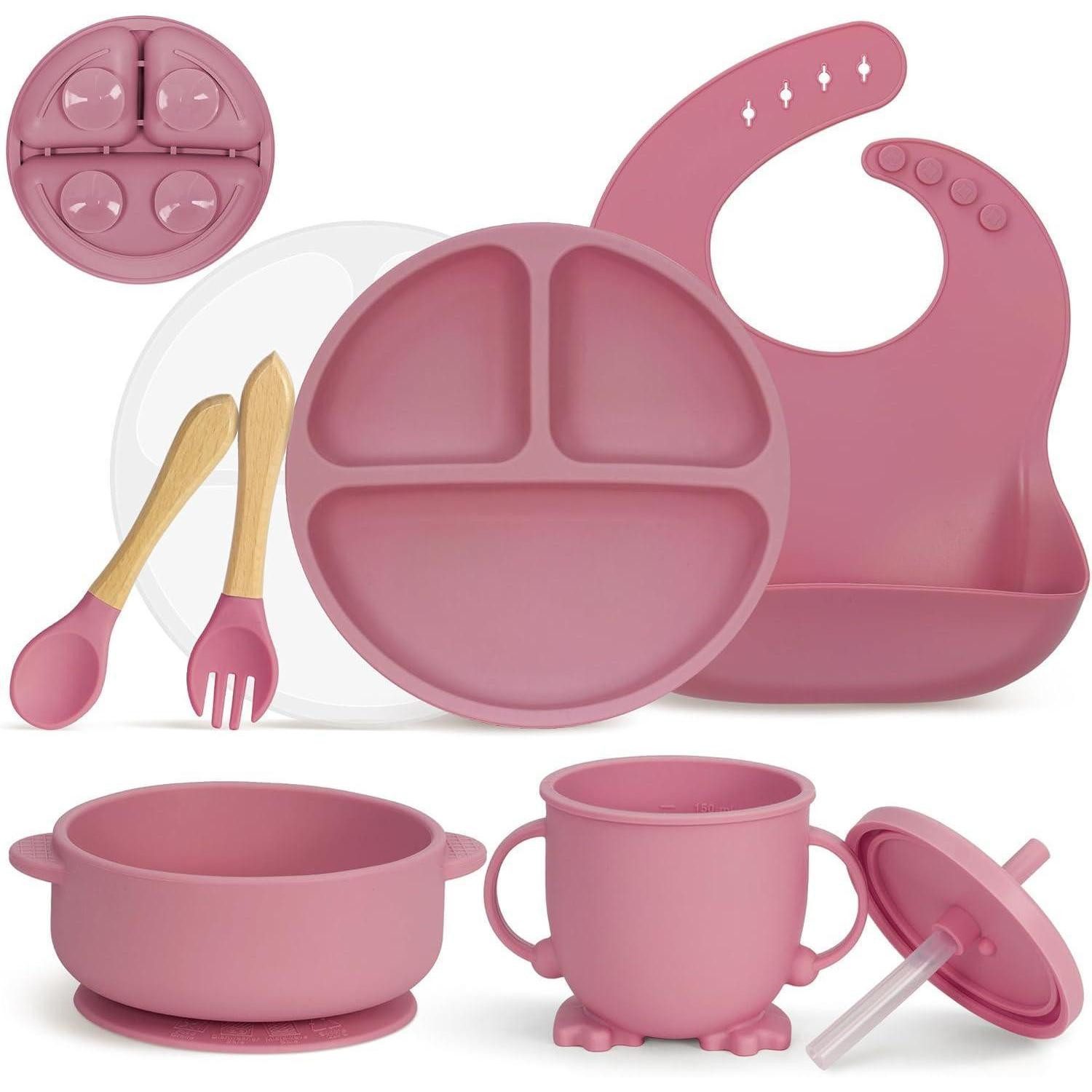 LuxusKollektion Kindergeschirr-Set Geschirrset Silikon Baby Rutschfest Saugnapf 7tlg BPAfrei Rosa