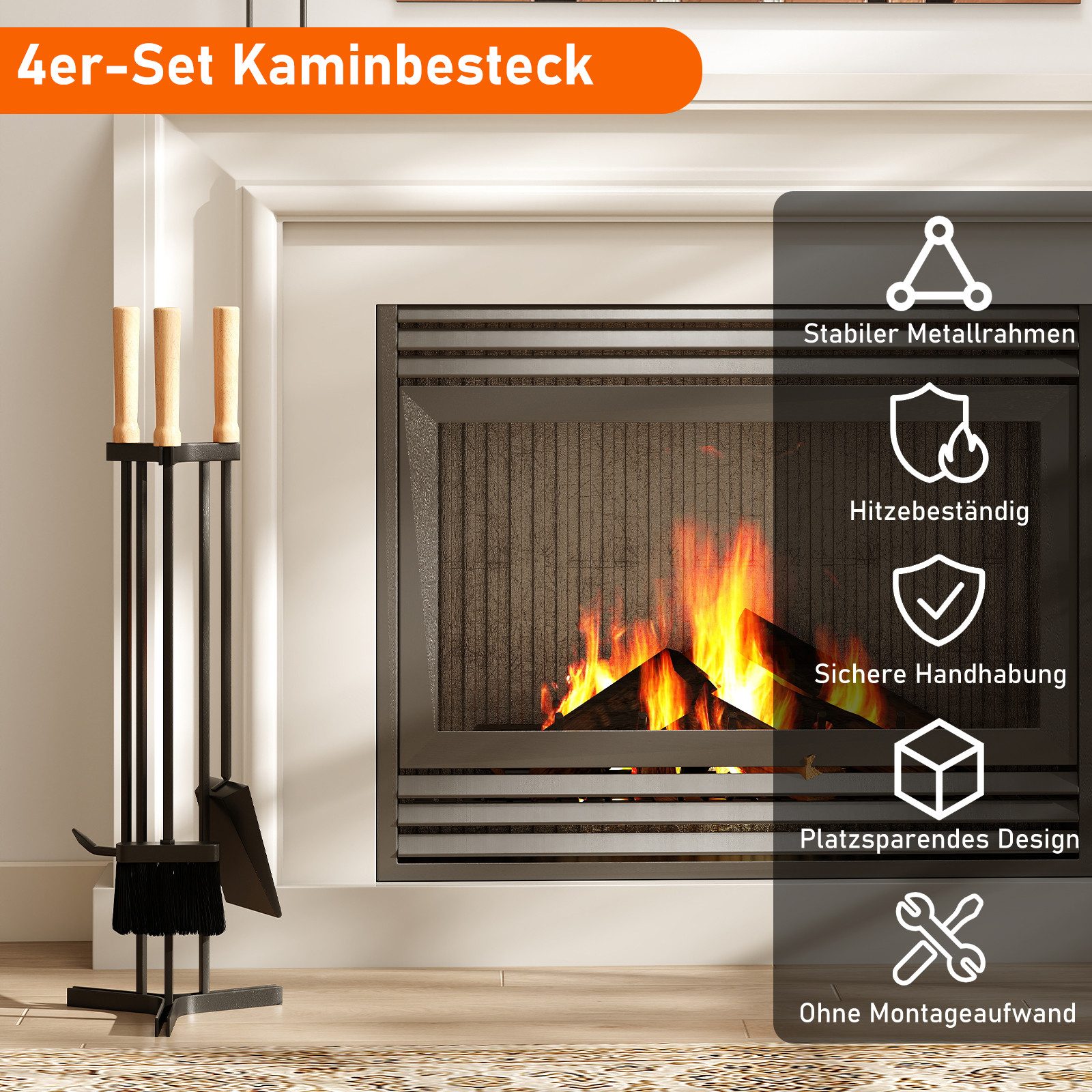 COSTWAY Kamingarnitur, (4-St), Kaminbesteck mit Holzgriff, schwarz