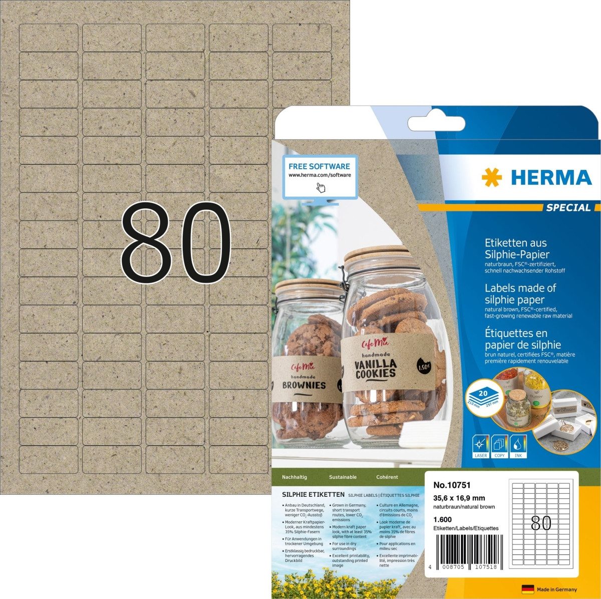 HERMA Etiketten Etiketten Silphie-Papier A4 35,6x16,9mm naturbraun VE=20 Blatt/1600 St