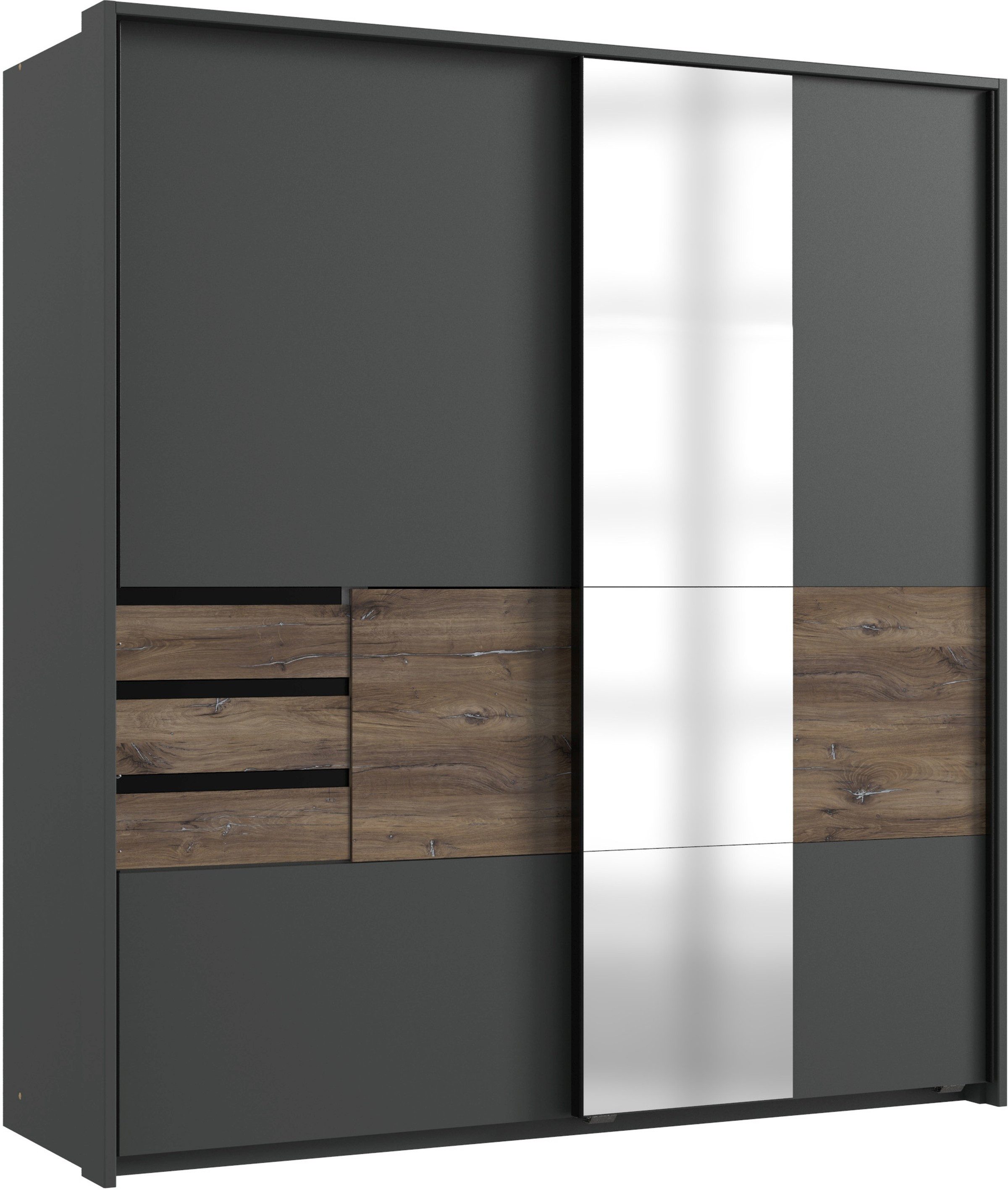 möbel-direkt.de Schwebetürenschrank Bamberg in Grafit mit Eiche Flagstaff (Komplett, 1-St., Kleiderschrank mit oder ohne Spiegel oder Passepartout wählbar) Made in Germany, großzügige Stauraumaufteilung