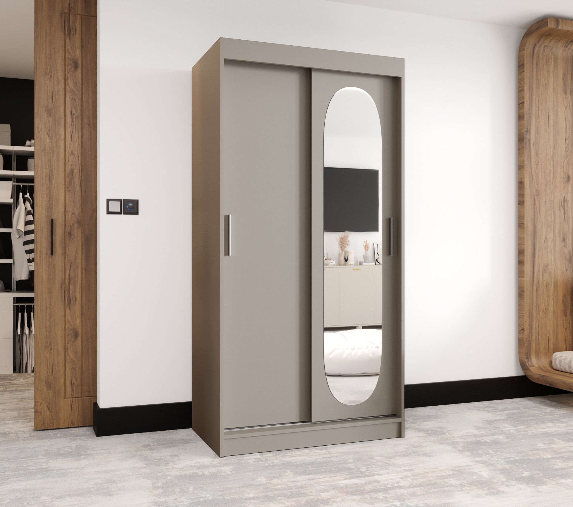 MOEBLO Schwebetürenschrank ROSALIA (Moderner Kleiderschrank mit Spiegelfront, Viel Stauraum, BIMAK Schiebesystem, In 5 Farben & 6 Größen, Schrank Garderobe Schiebtüren Schlafzimmer) 100 /120/150/180/200/250x200x62 cm