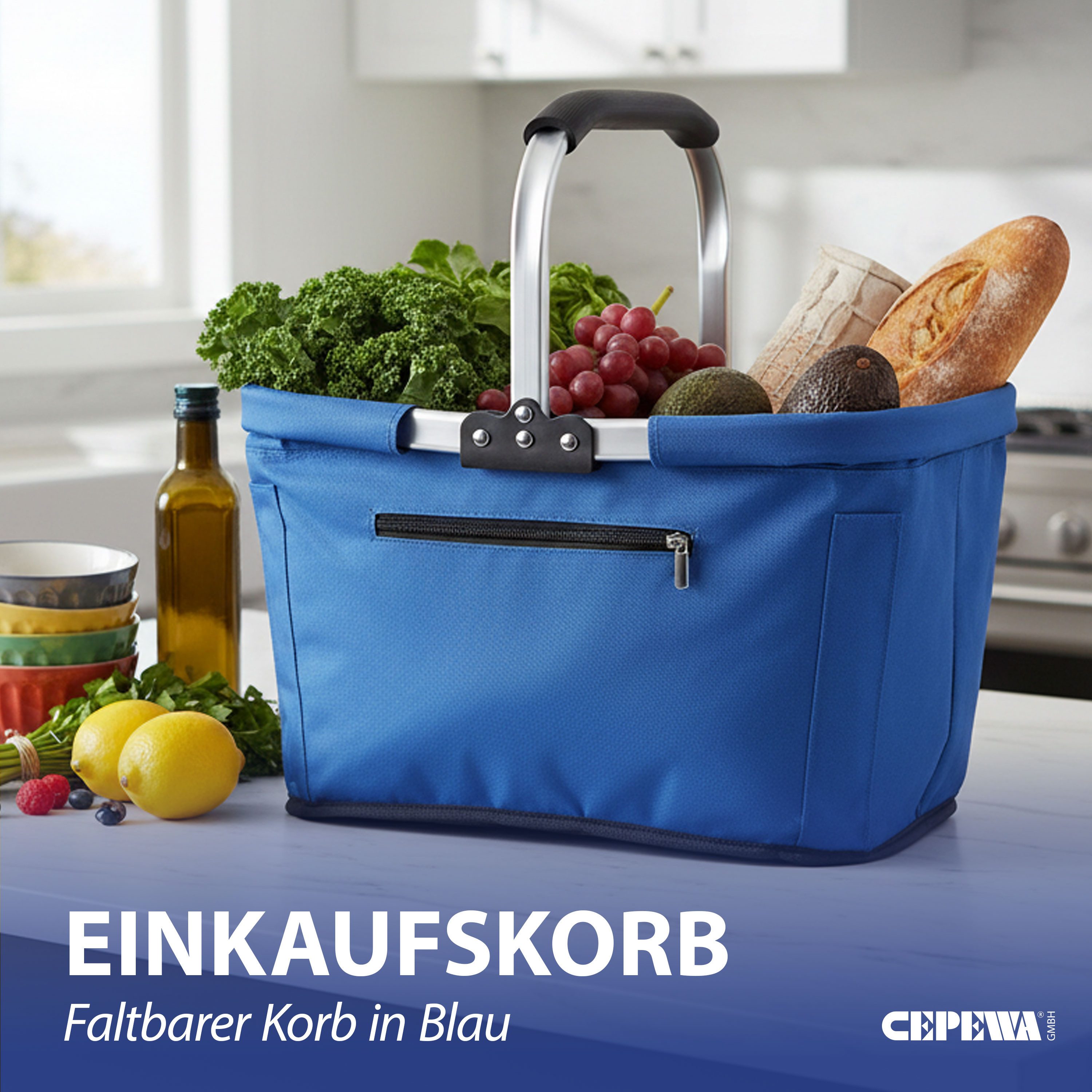 CEPEWA Einkaufskorb Einkaufskorb faltbar blau Alu Polyester 600D 42x40x28cm Korb Griff