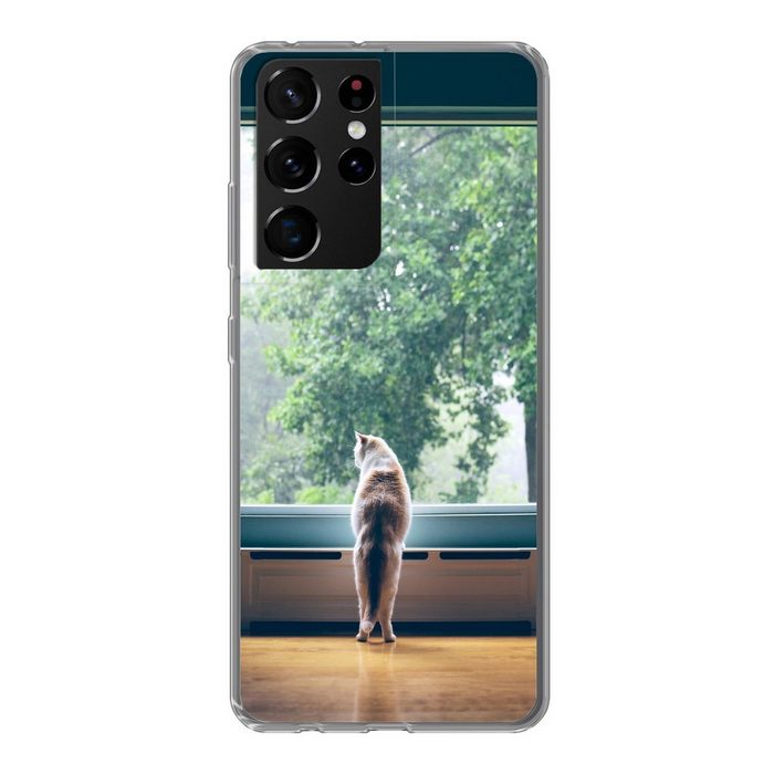 MuchoWow Handyhülle Katze - Fenster - Pflanzen Phone Case Handyhülle Samsung Galaxy S21 Ultra Silikon Schutzhülle