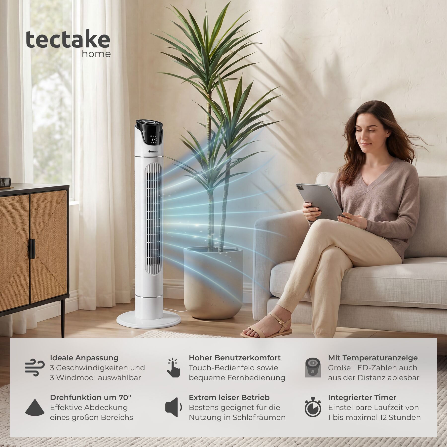 tectake Turmventilator Standlüfter in weiß, oszillierend, Inkl. Fernbedienung, 31 x 110 cm, 3 Modi, mit Timer-Funktion, LED-Bedienfeld