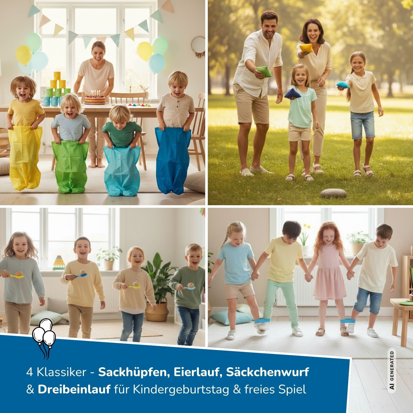 alldoro Spielesammlung XXL Partyspiele Set für Kinder, Spielesammlung für Kindergeburtstag, 29-teilig mit Sackhüpfen, Eierlauf, Medaillen und vielem mehr