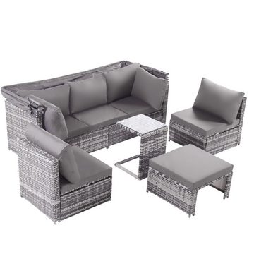EXTSUD Gartenlounge-Set 5-teiliges Rattan-Gartenmöbel-Set Patio-Lounge-Set, (mit Baldachin Allwettergeflecht Waschbare Kissen, graues Geflecht + graue Kissen)
