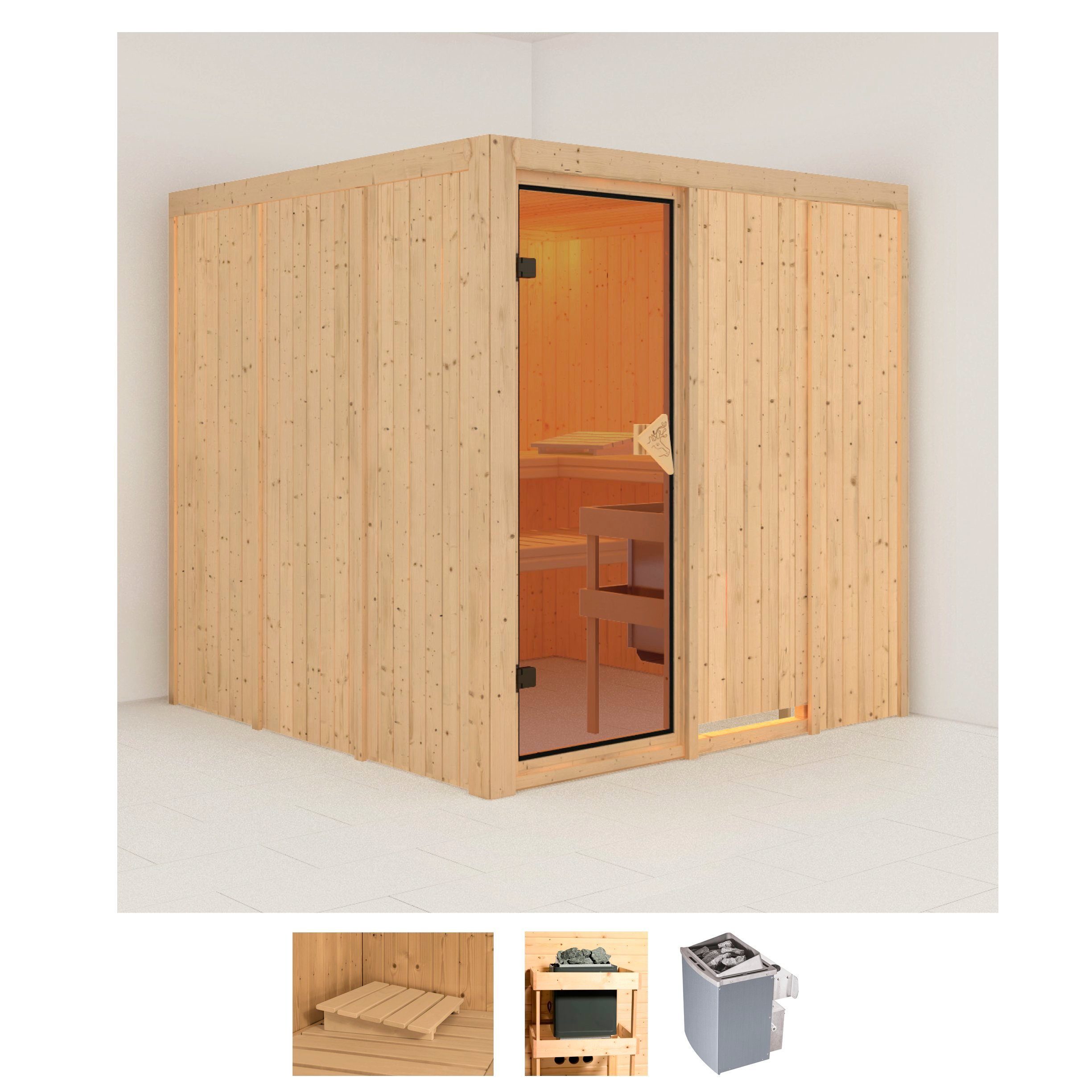 Karibu Sauna Rodin, BxTxH: 196 x 196 x 198 cm, 68 mm, (Set) Ofen 9 kW integr. Strg