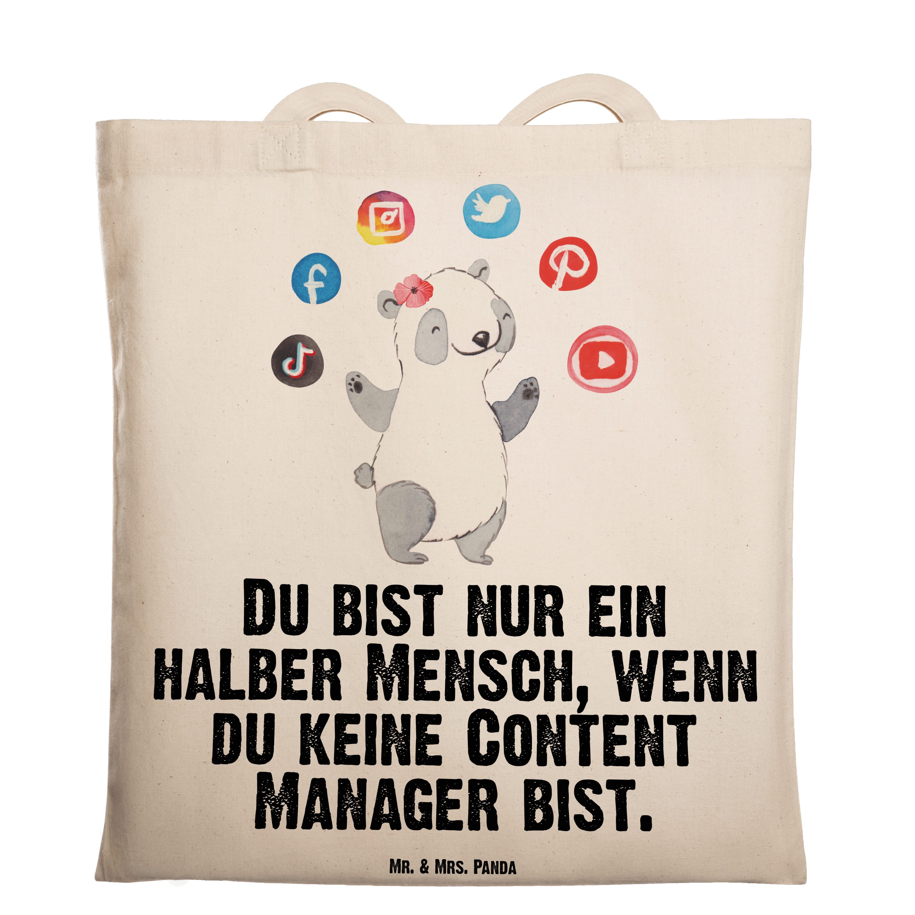 Mr. & Mrs. Panda Tragetasche Content Manager mit Herz - Transparent - Geschenk, Jubiläum, Stoffbeu (1-tlg)