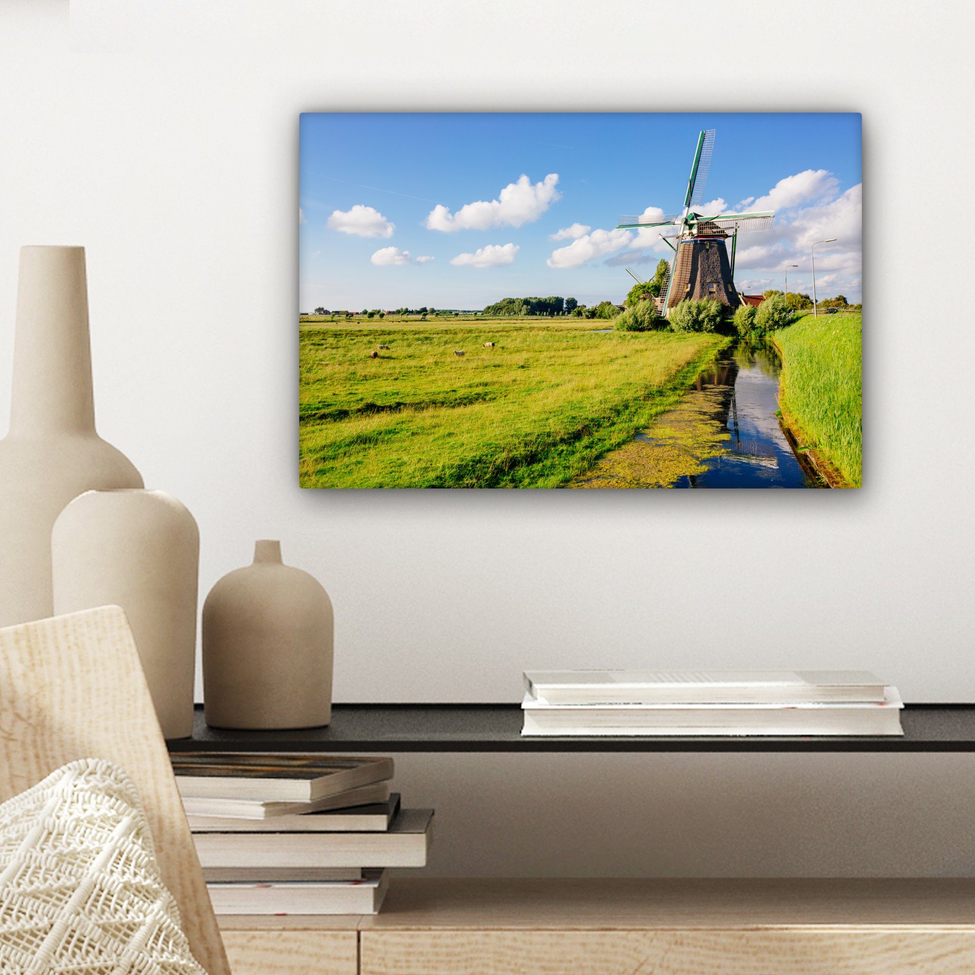 OneMillionCanvasses® Leinwandbild cm Niederlande, St), Wandbild Gras (1 Leinwandbilder, - Aufhängefertig, 30x20 Mühle - Wanddeko
