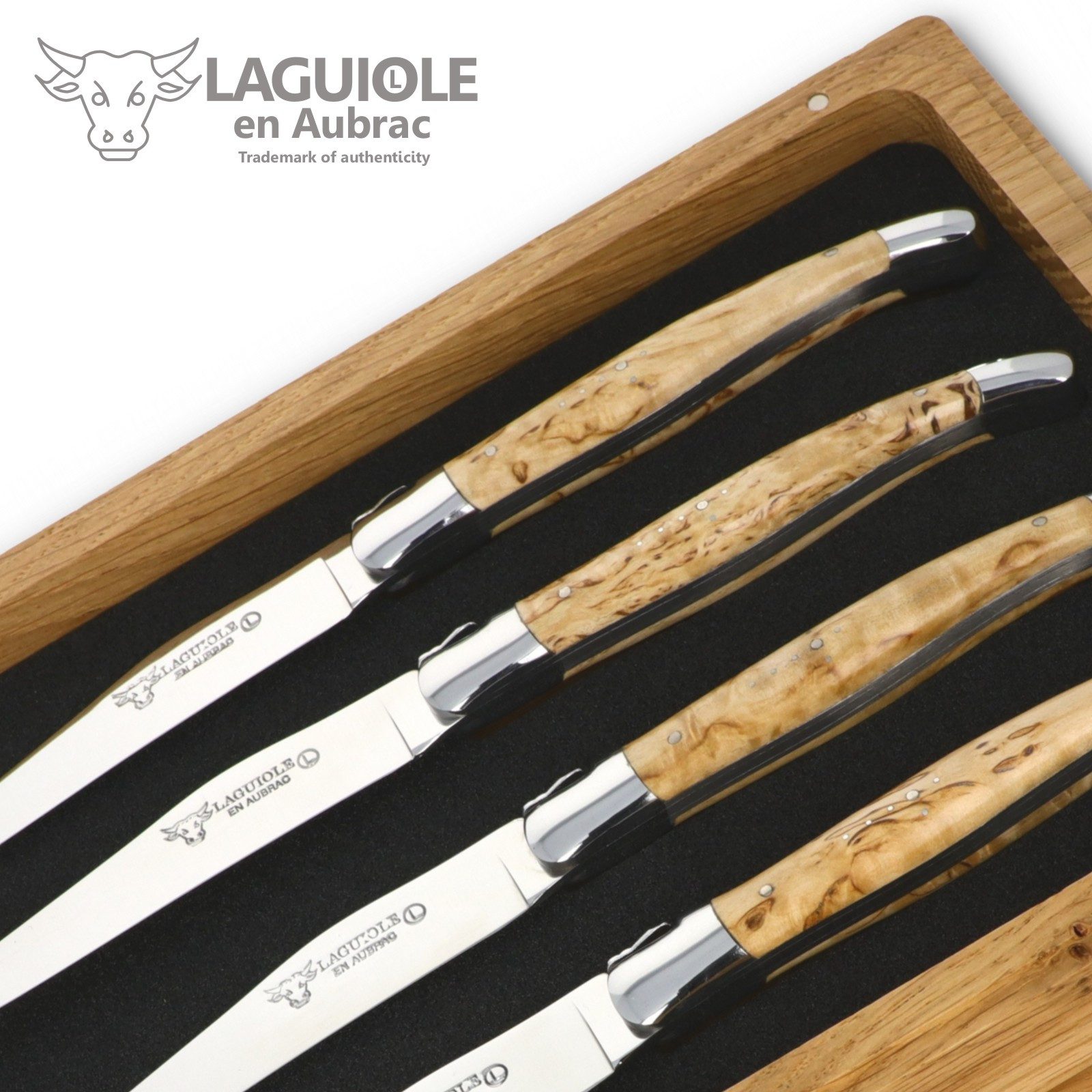 Laguiole en Aubrac Steakmesser 42C99BHIH BRI 4er Set - Griff Birke - Backen glänzend - Klinge glänzend - Holzbox
