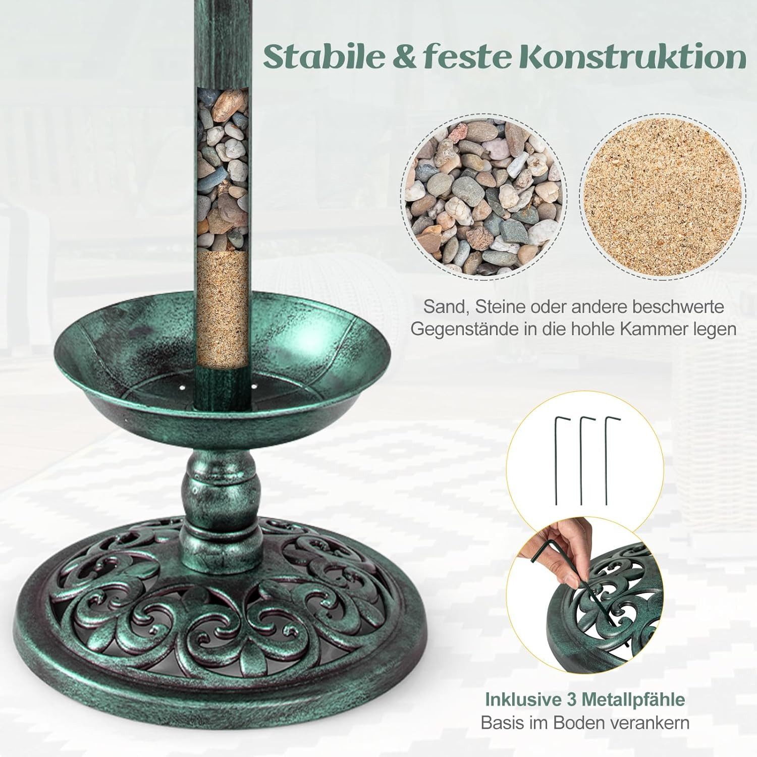 KOMFOTTEU Vogeltränke Vogelbad Vogelfutterhaus, mit Blumentopf & Solar Leuchten