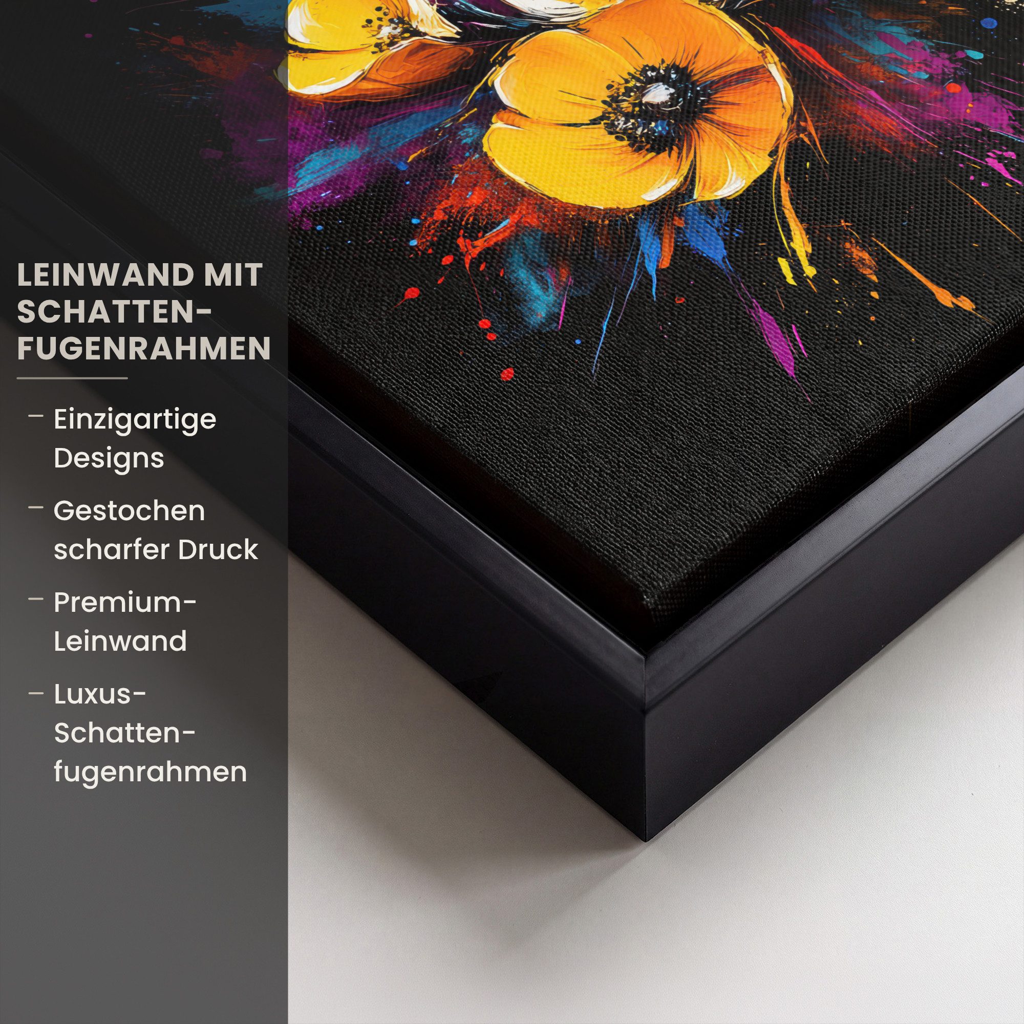 OneMillionCanvasses® Leinwandbild mit Rahmen - Blumen - Bunt - Graffiti - Modern - Blumenstrauß, Fotodruck (1 St), Leinwand Bilder Klein, Wand Dekoration Aesthetic 20x20cm