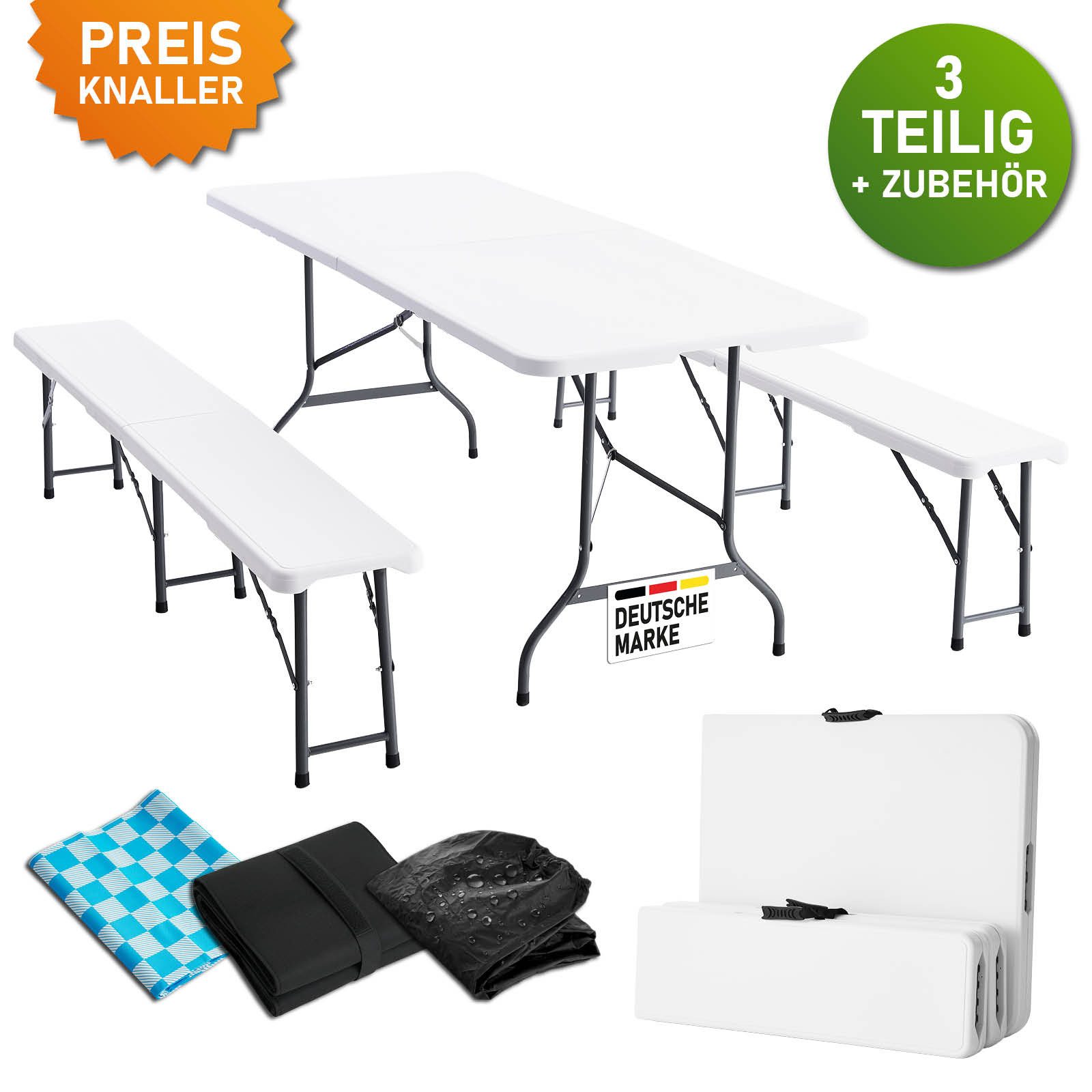 BRAST Bierzeltgarnitur Festzeltgarnitur Josef, 3er Set klappbar, inkl. Zubehör, (1x Tisch & 2x Sitzbänke, für bis zu 10 Personen), Einrastsystem & Tragegriffe