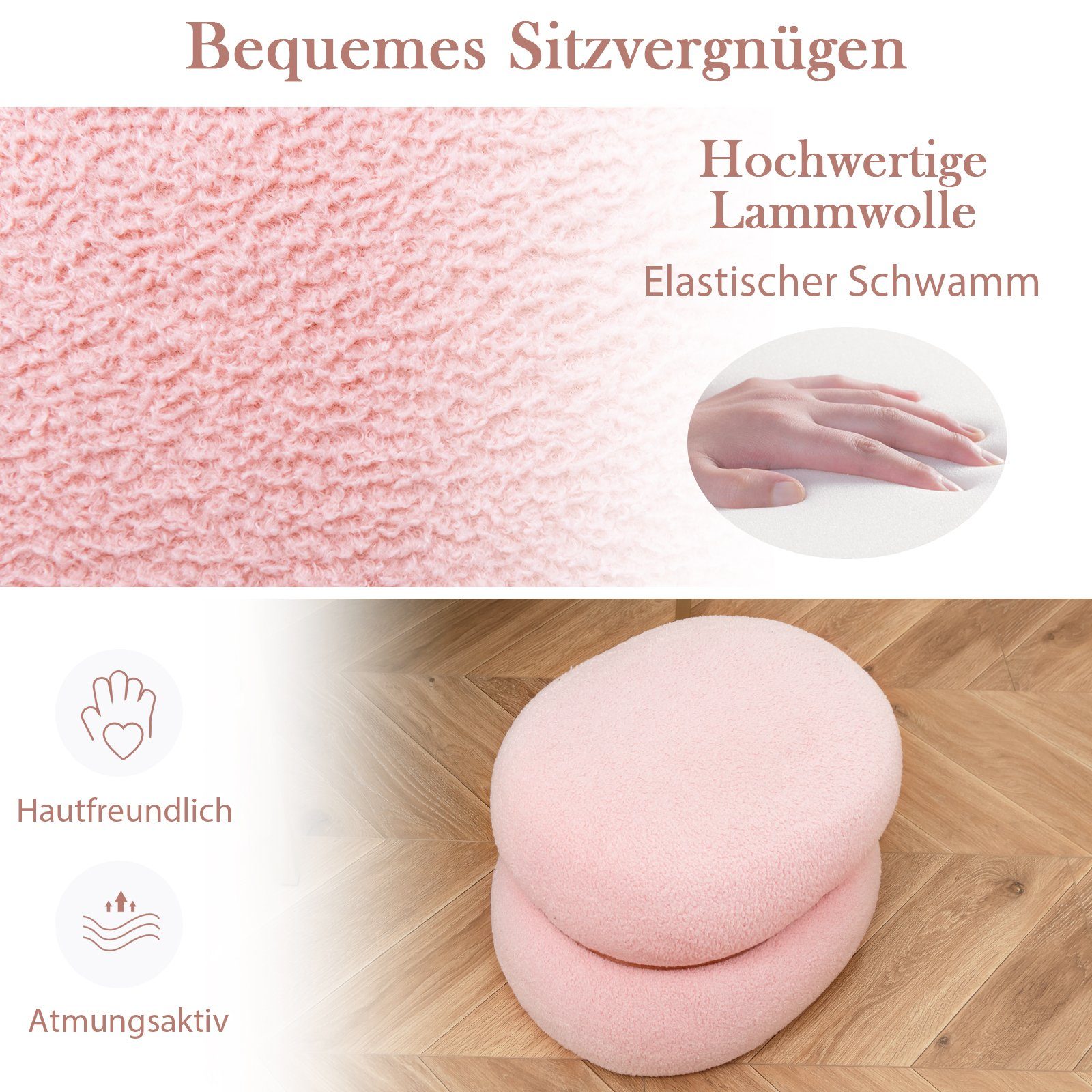 COSTWAY Sitzhocker, Oval, gepolstert, Fußhocker, 300kg, 44 x 35 x 35 cm, rosa