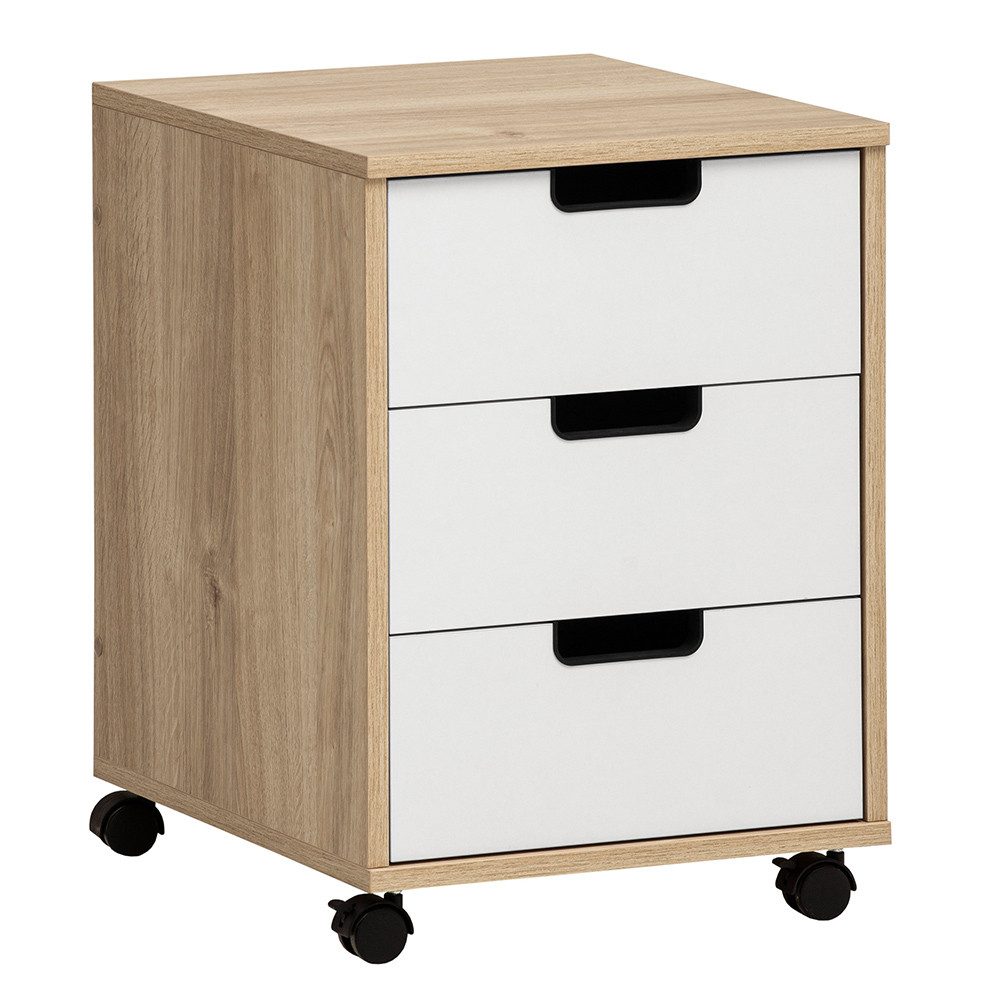 Lomadox Rollcontainer ELURU-80, 40 cm breit, in weiß matt mit Eiche, 3 Schubladen, rollbar