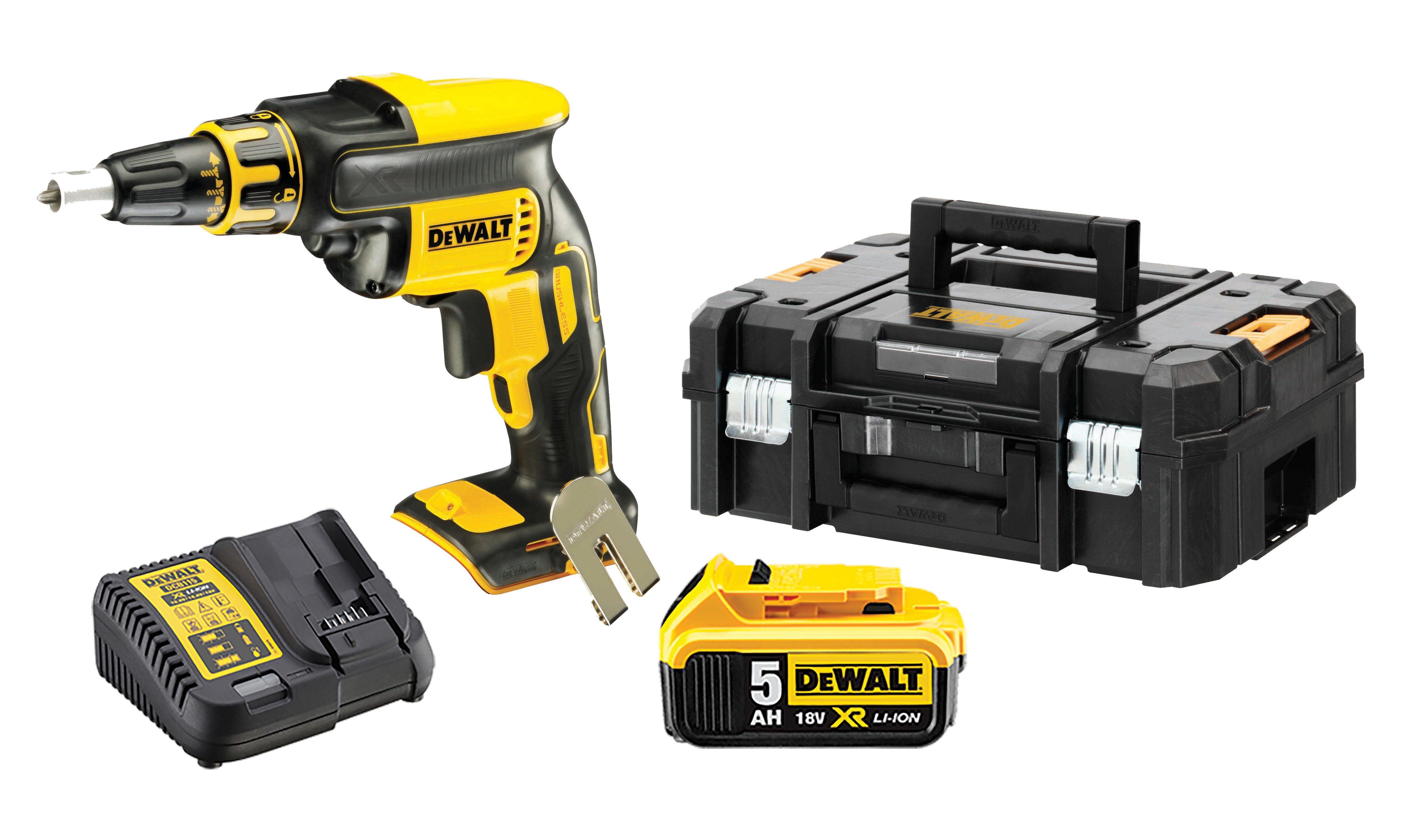 DeWalt Akku-Schnellbauschrauber Set DCF620NT-XJ (bürstenlos) 435Watt,  4400,00 U/min, 30,00 Nm, (3-tlg., inkl. DCB115 Schnellladegerät  (10,8-18Volt) & 1x DCB184 18V/5Ah Akku), 1/4