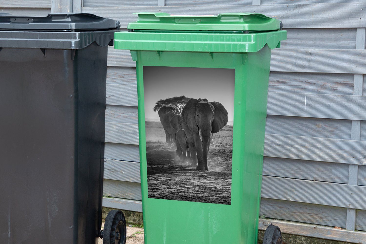 Mülleimer-aufkleber, MuchoWow Weiß - St), Container, Wandsticker Sticker, (1 Elefant Tiere Mülltonne, - - - Einfarbig Schwarz Abfalbehälter