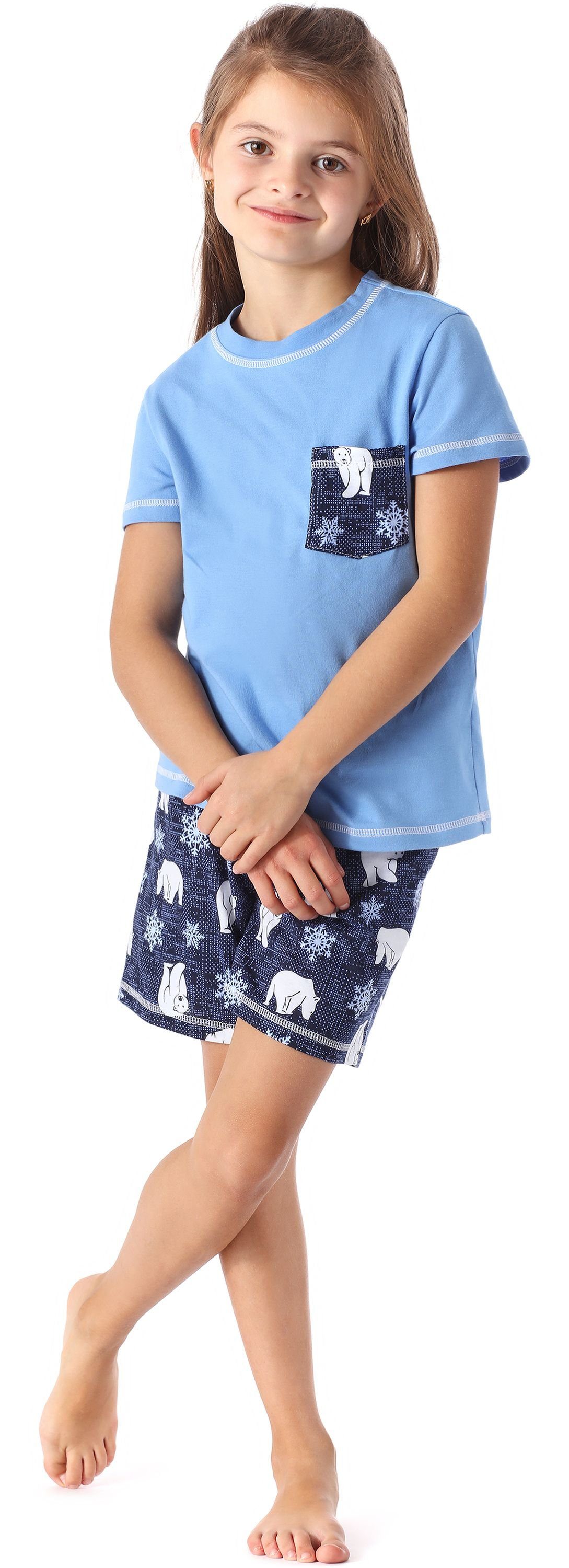 MS10-292 Merry Kurz aus Schlafanzüge Schlafanzug Baumwolle Mädchen Style Pyjama Blau/Bär Set