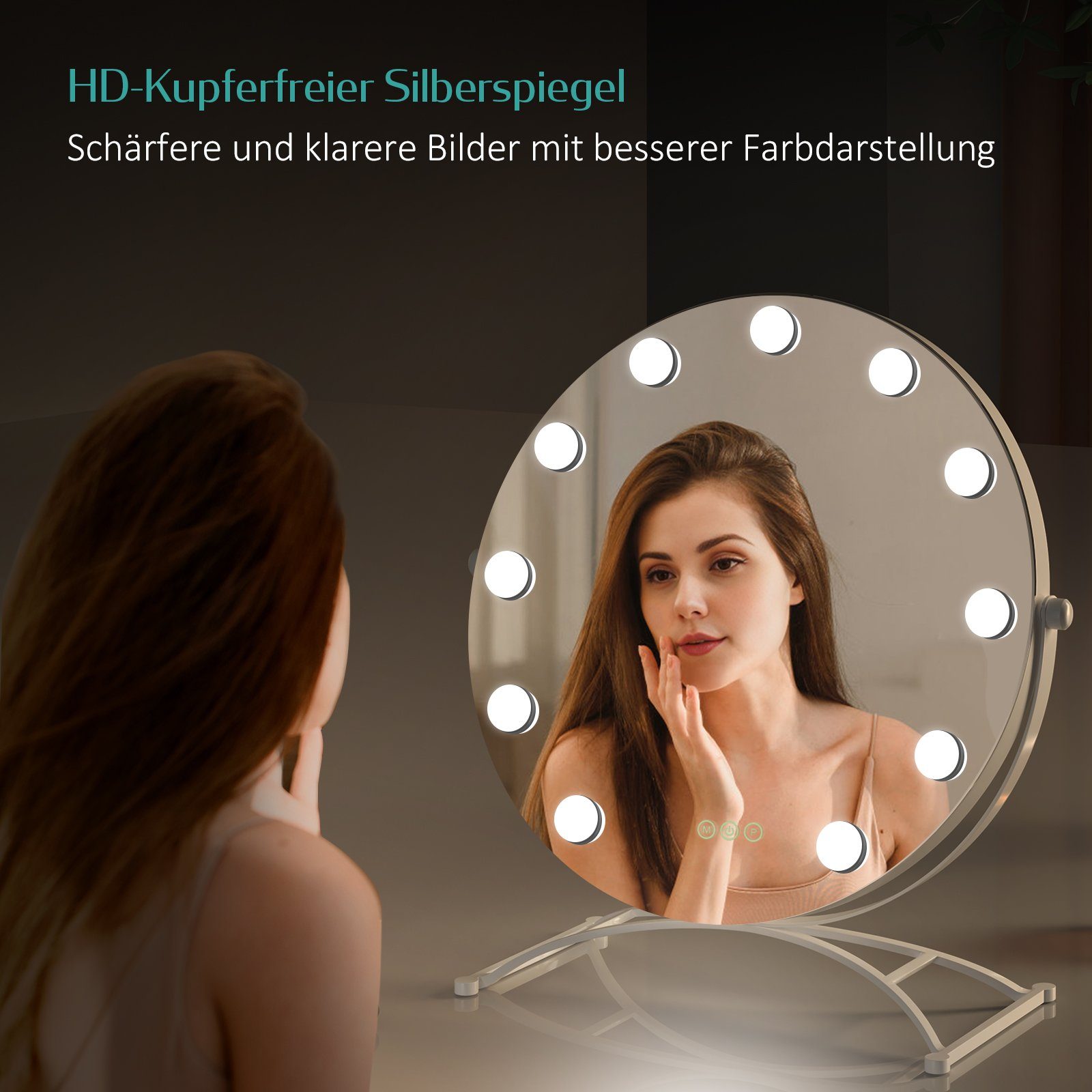Kosmetikspiegel Spiegel Weiß Hollywood Lichtfarben,Dimmbar,7 EMKE mit Drehbar Runder Tischspiegel, x Vergrößerungsspiegel,360° Beleuchtung 3 Schminkspiegel