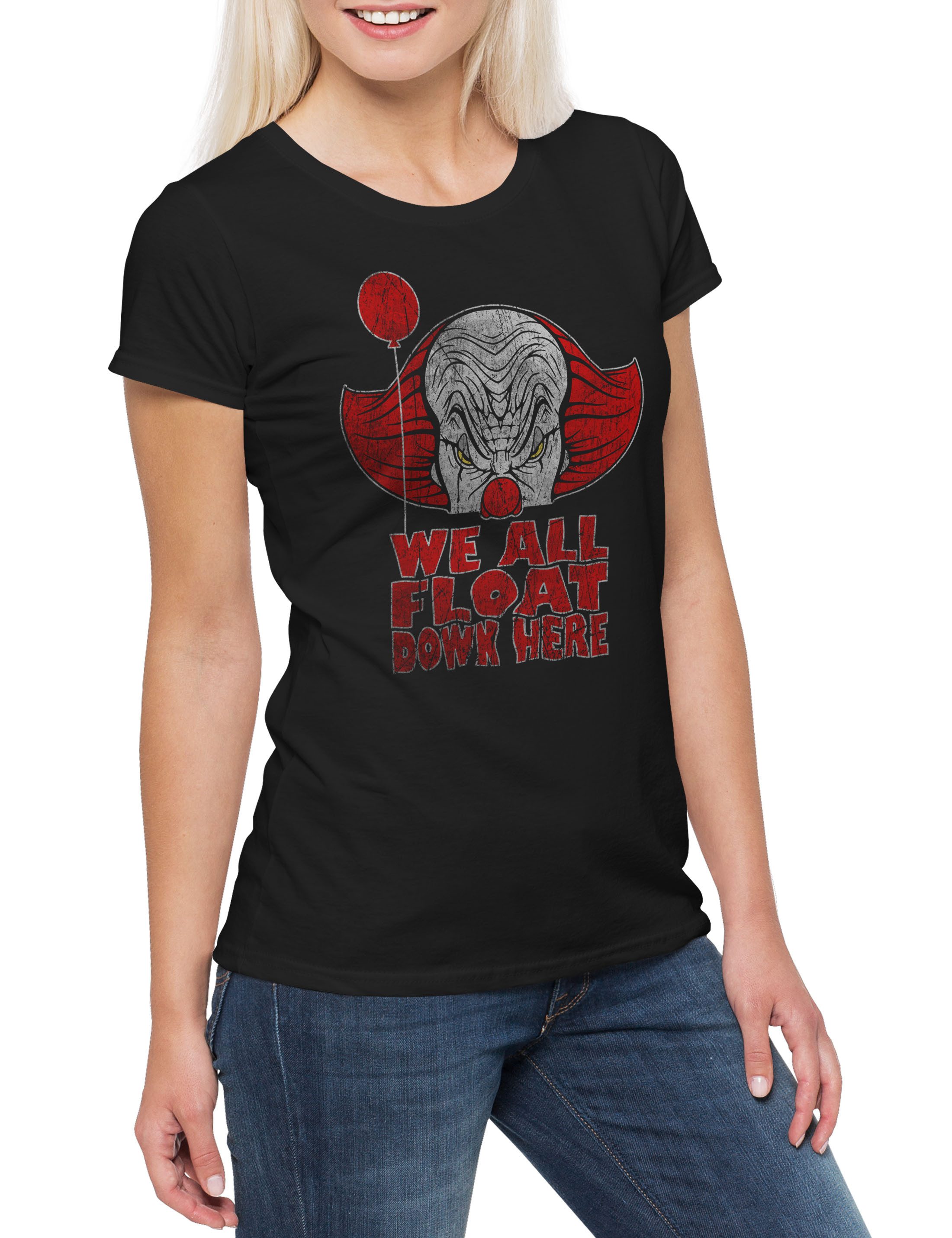 Print-Shirt We All Float Down Here Damen T-Shirt Movie It Horror Clown Pennywise