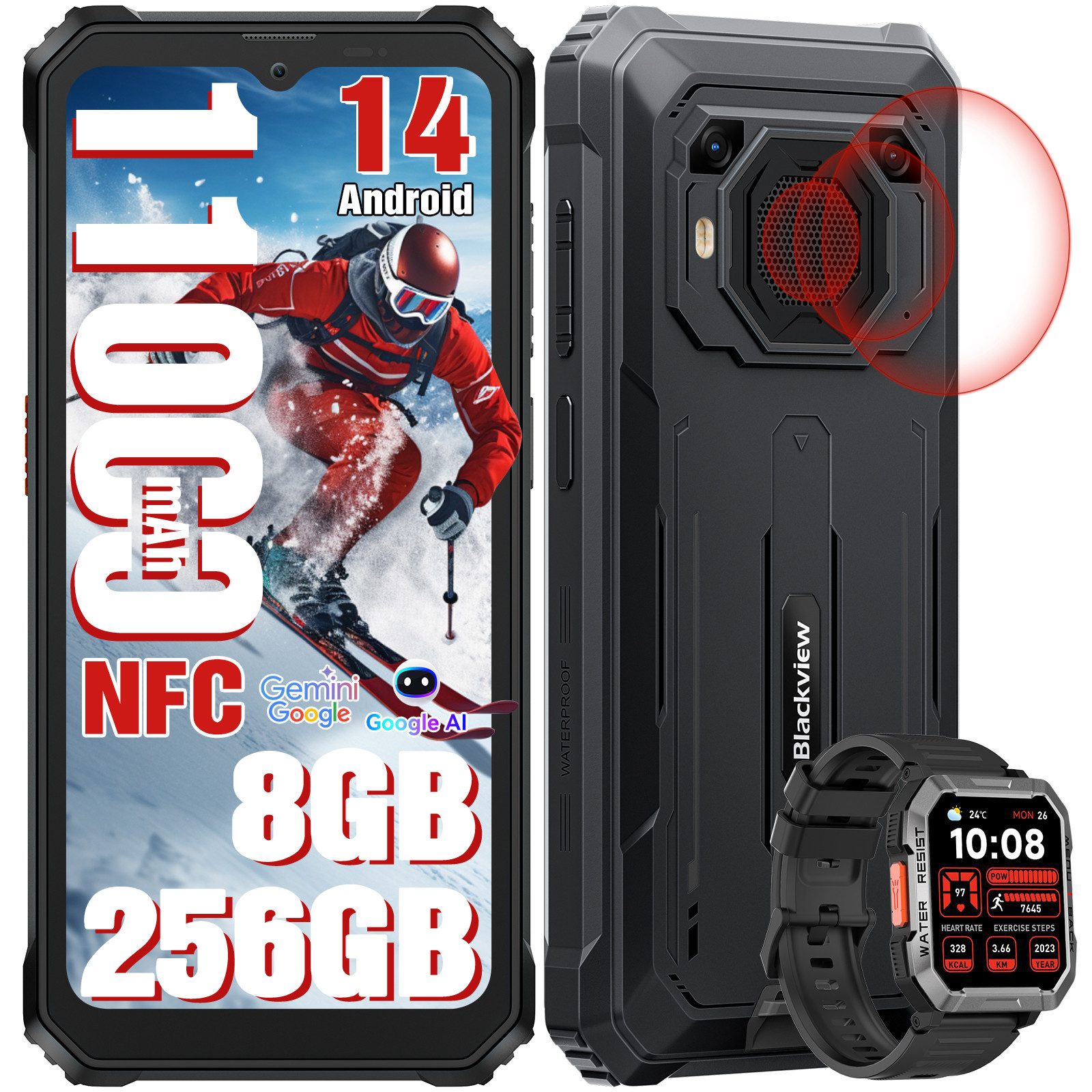 blackview BV6200Plus(8+256) mit 98dB Lautsprecher AI incl. W60 Smartphone (6.56 Zoll, 16 MP Kamera, Android 14, 4G, 11000mAh, 18 W, 98DB Lautsprecher, 90Hz, Ohne Vertrag)