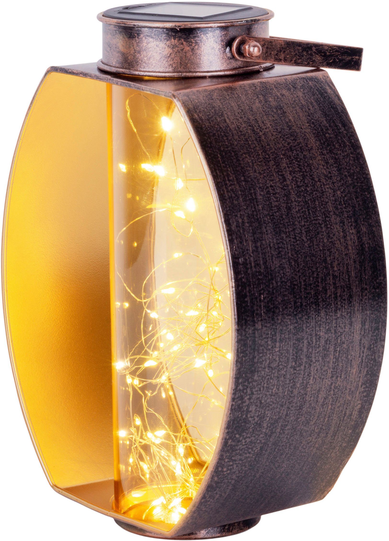 Solarleuchte Fairylight, fest LED mit integriert, messing Kunststoffzylinder Innenseite gold, Warmweiß, LED Lichterdraht näve LED