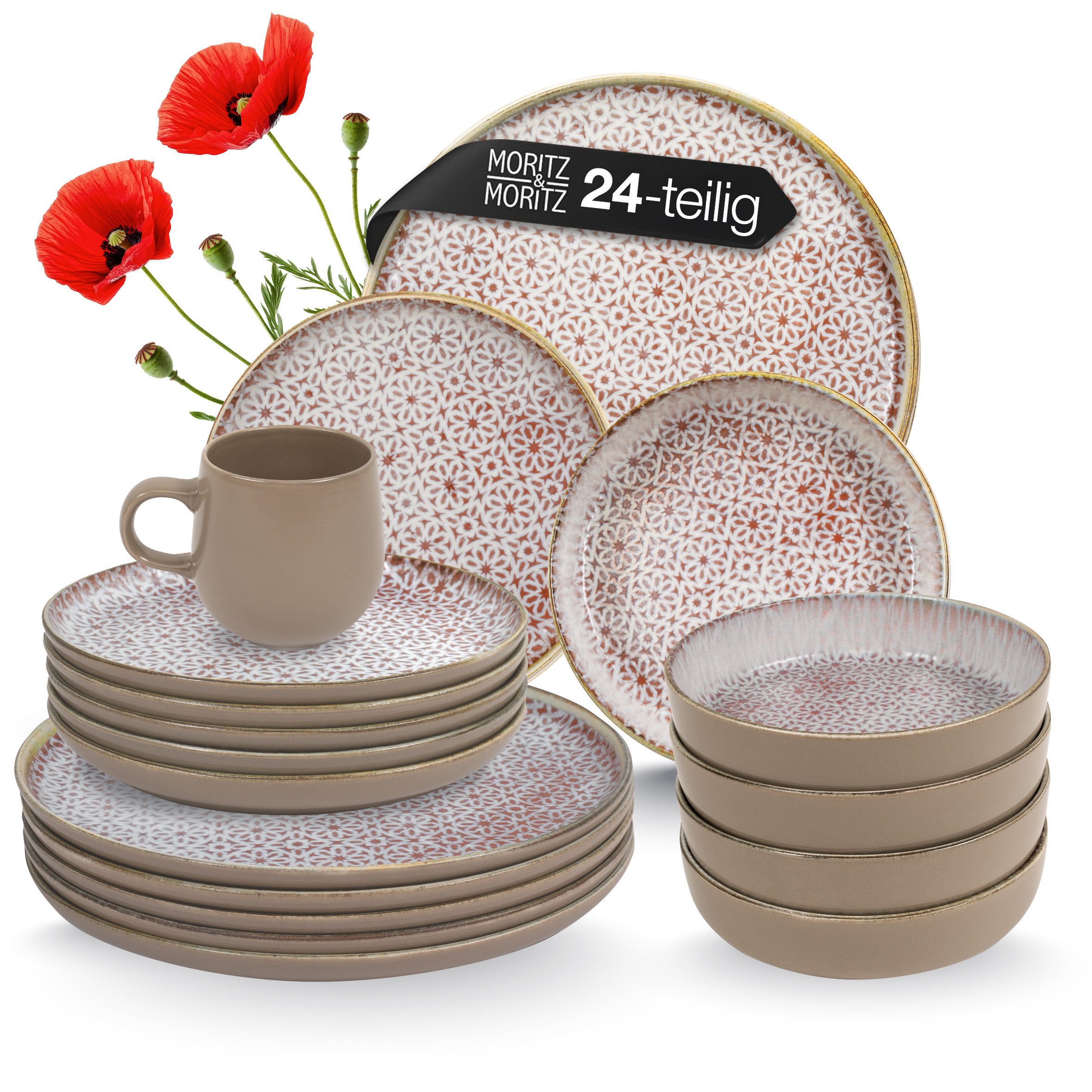 Moritz & Moritz Kombiservice ALHAMBRA Geschirrset mit Tassen Mousse (24-tlg), 6 Personen, Porzellan, Spülmaschinengeeignet & Mikrowellensicher