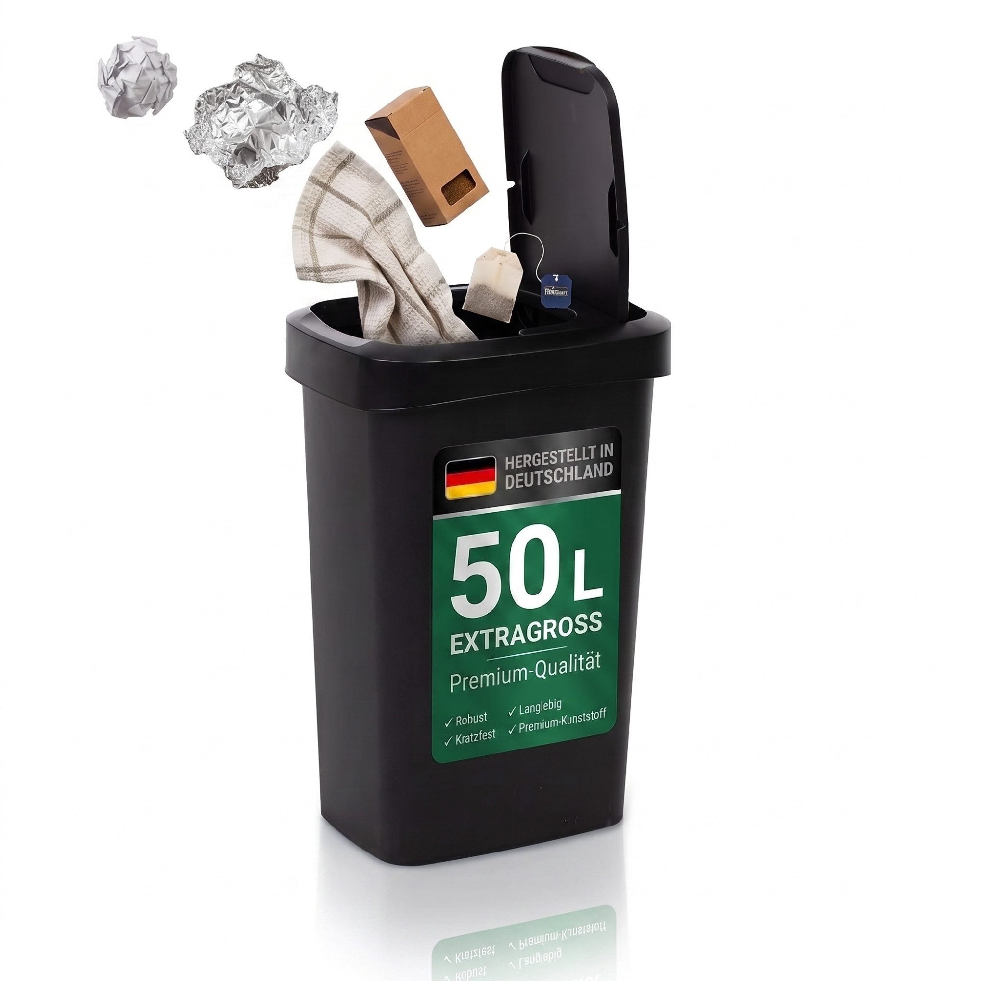 BigDean Mülleimer Abfalleimer 50l mit Schwingdeckel & Klappdeckel Schmal Platzsparend, Maximale Hygiene, Made in Germany