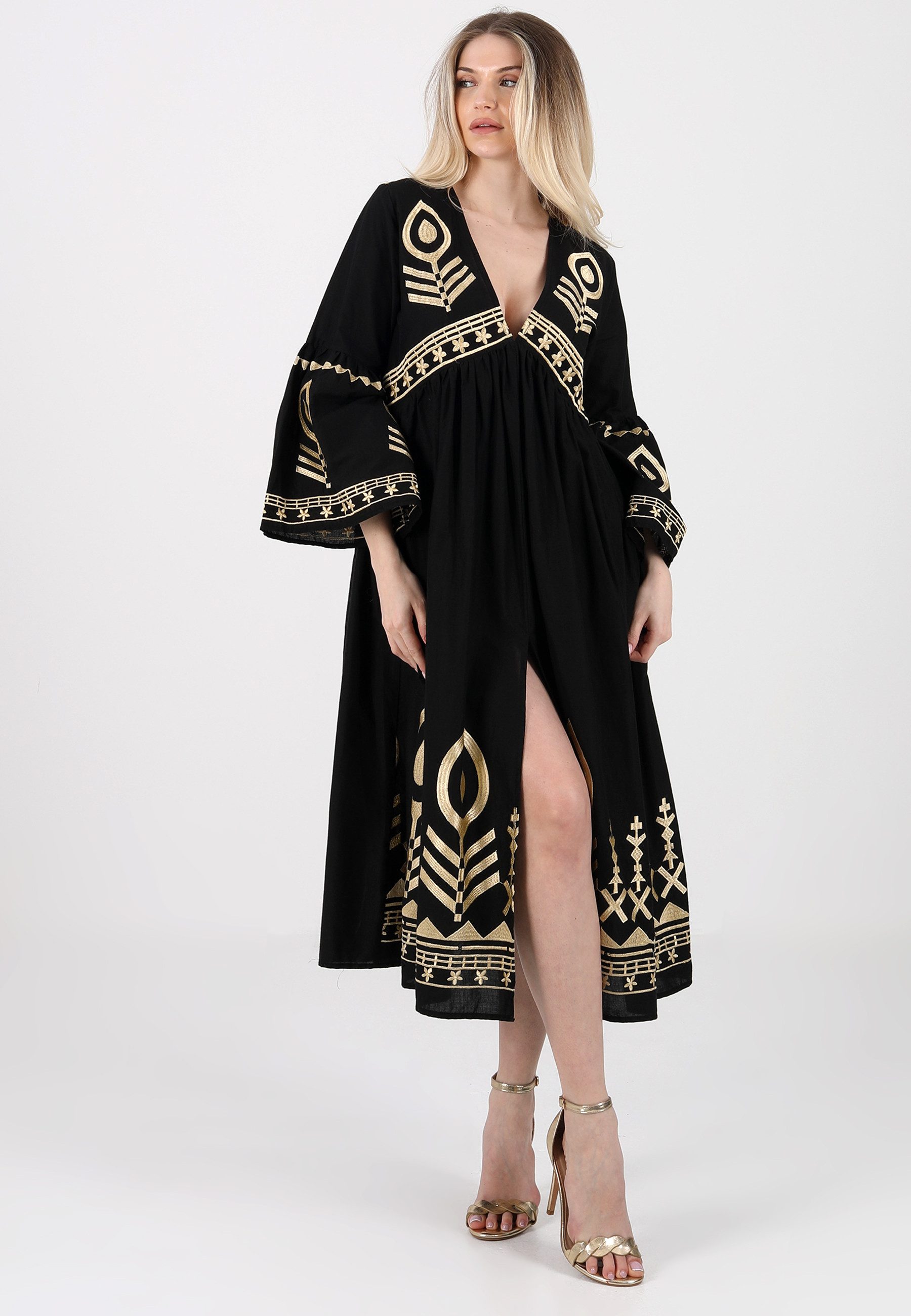 YC Fashion & Style Sommerkleid "Handgefertigte Boho-Chic Kleid mit Goldstickerei" Boho, in Unifarbe, mit Beinschlitz, mit V-Ausschnitt