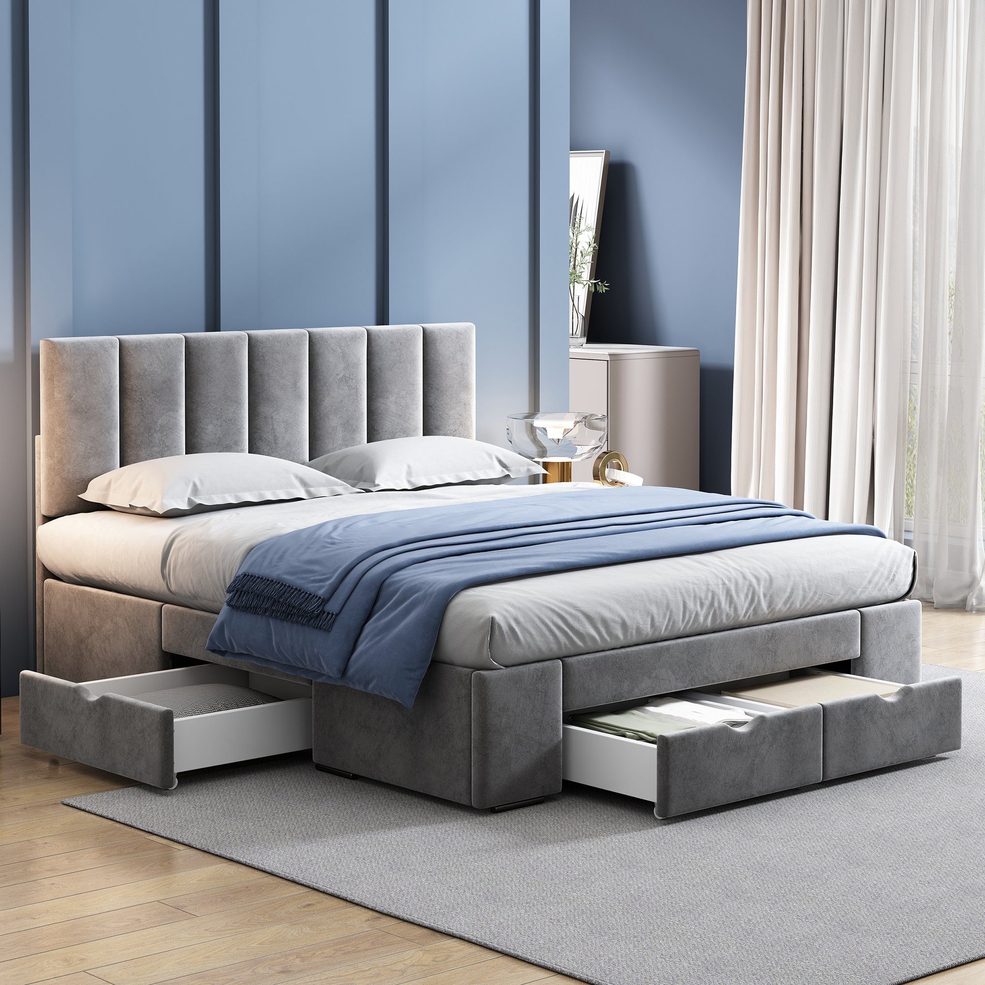 OKWISH Polsterbett Doppelbett Stauraumbett Bett mit Lattenrost (Mit 4 Schubladen 140x200 Inklusive Matratze), Bezug aus Samt