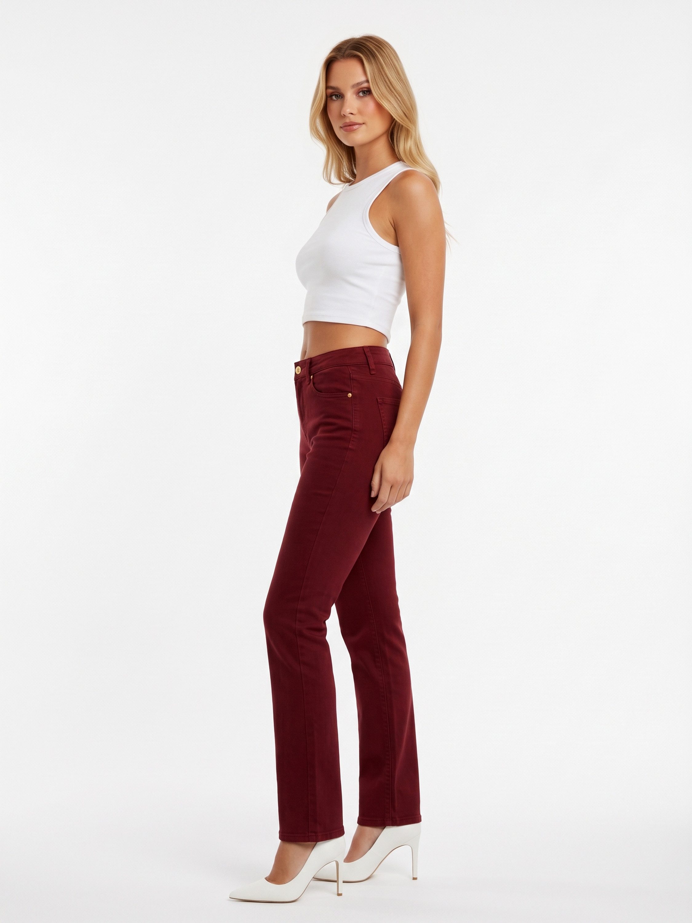 ESRA Stoffhose Stretch Hose Damen Regular Stoff-Hose Damen Elegant Hose elastisch Bordeaux Damen Hose Elegant Business Hose Stoffhose Straight Hose High – Bild 2 von 5