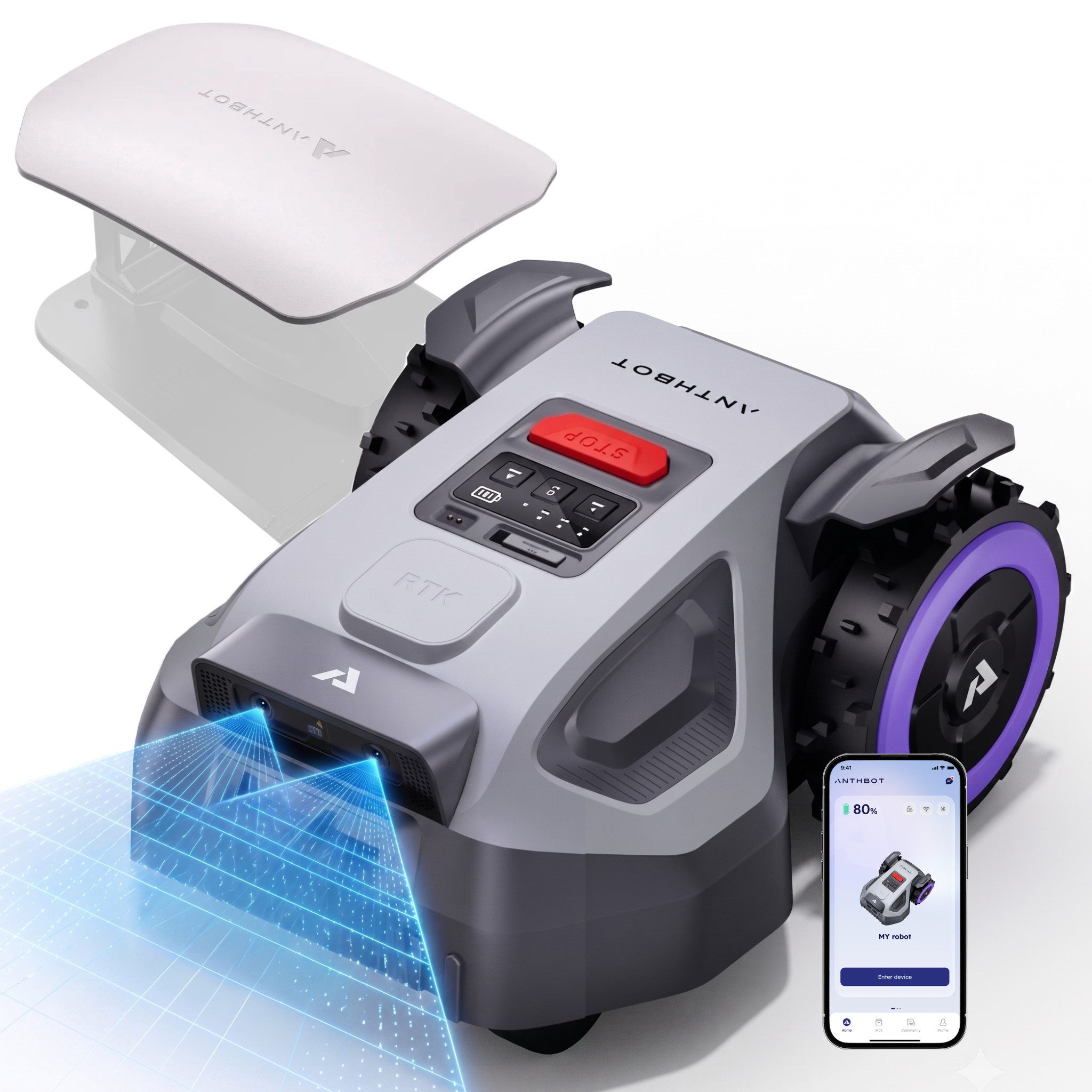 ANTHBOT Rasenmähroboter M5 Serie Ohne Begrenzungskabel mit RTK-Navigation & HDR-Dual-Vision, bis 700 m² Rasenfläche, (mit 4G-Modul, Schnitthöhe per App), Steigungen bis zu 45%, aktiver Tierschutz & KI-Hindernisvermeidung