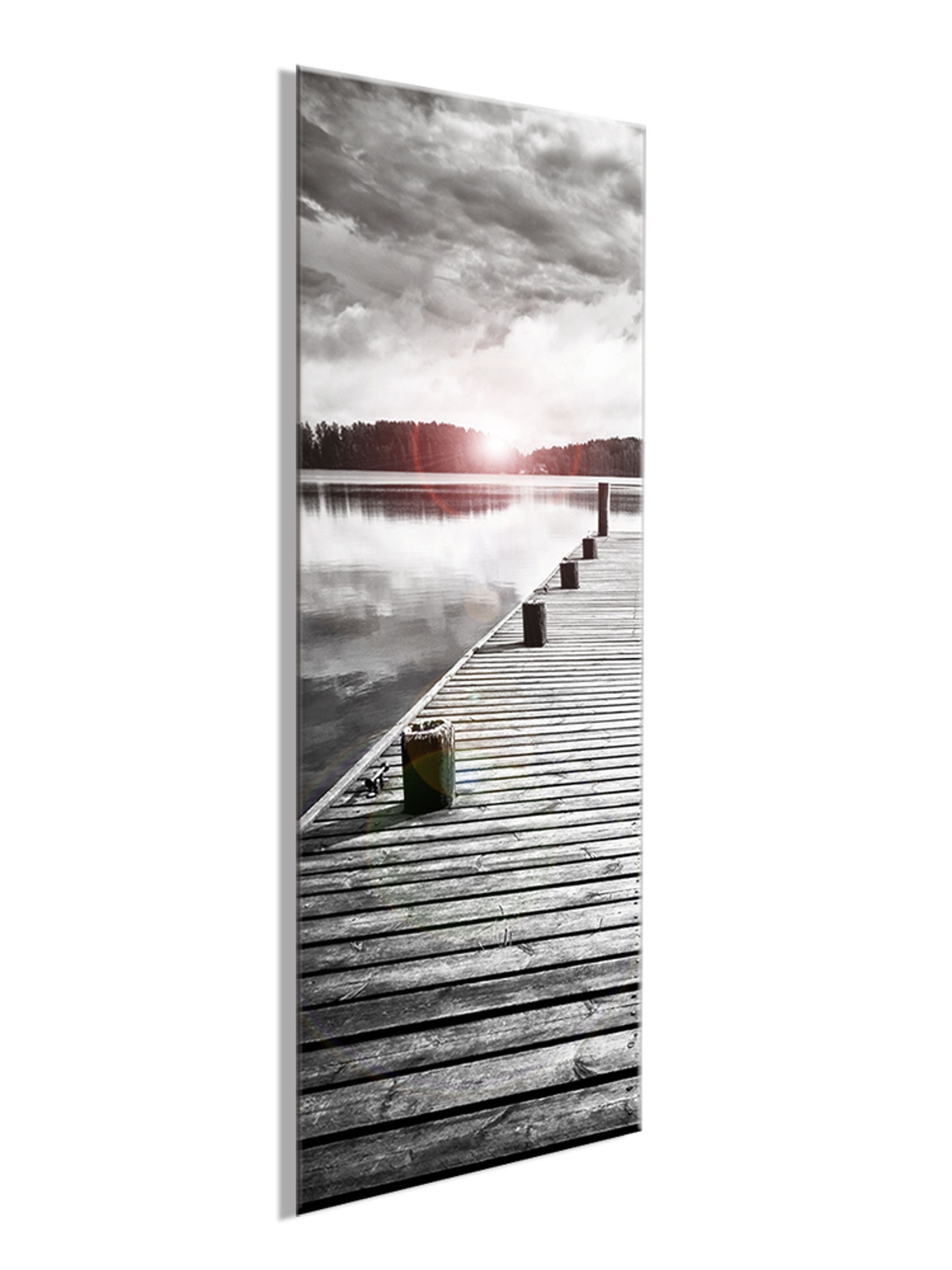 artissimo Glasbild Bild aus Glas 30x80 cm / Wandbild Hochformat / Wanddeko modern, Strand und Meer: Steg am See in Schwarz-Weiß
