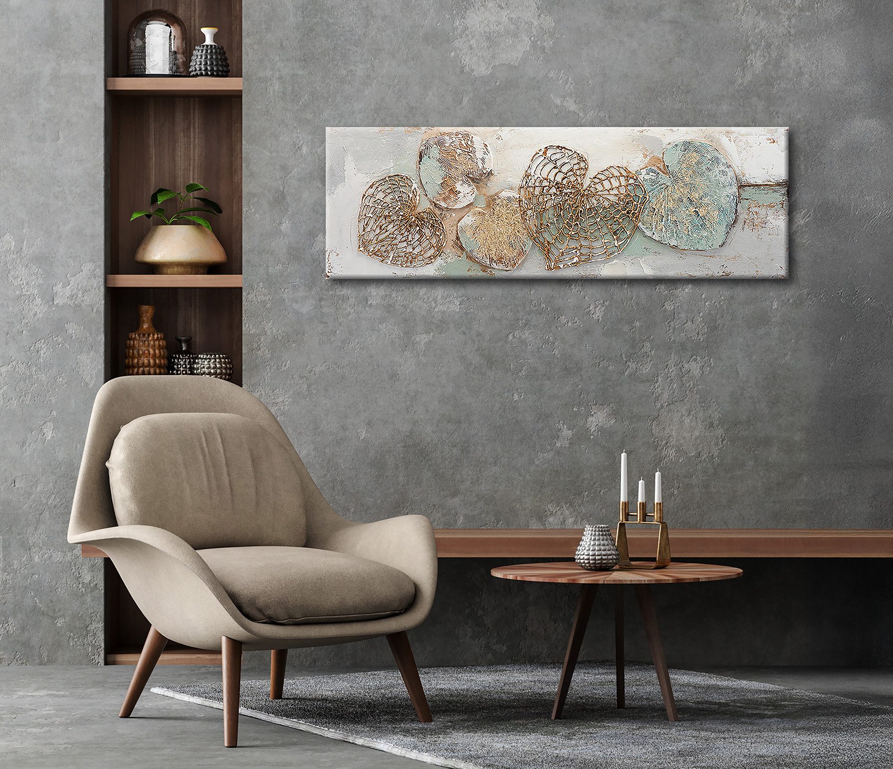 Bönninghoff Ölgemälde handarbeit HERZEN 40x120 cm – Wandbild Kunst Deko modern, Abstrakt, Blätter, Blätterbilder, Formen, Kunst, Symbole (1 St), handgefertigt,  – Bild 5 von 5