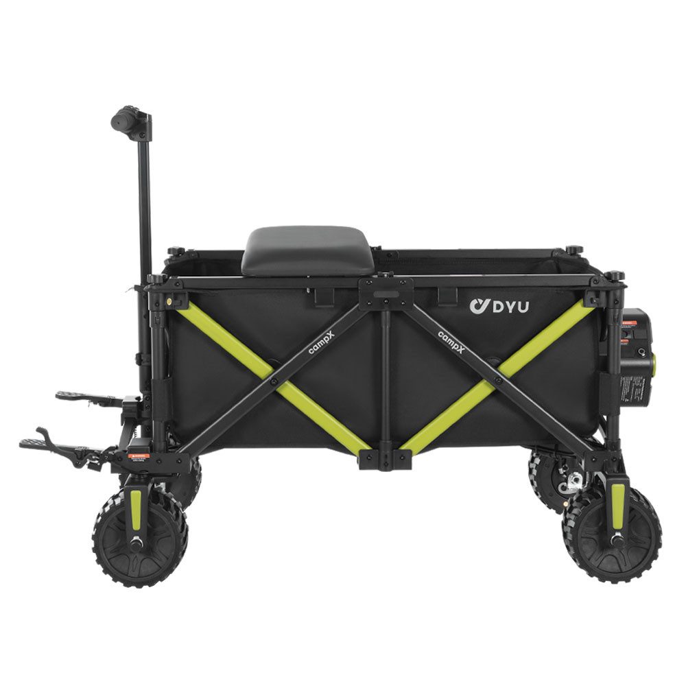 DYU Bollerwagen DYU campX Elektro-Bollerwagen faltbar 150 kg schwarz (Komplettset, Bollerwagen, Akku, Ladegerät, Sitzplatte, Bodenplatte, Anleitung), Faltbar, Elektroantrieb, Akku, Fahr- und Zugmodus