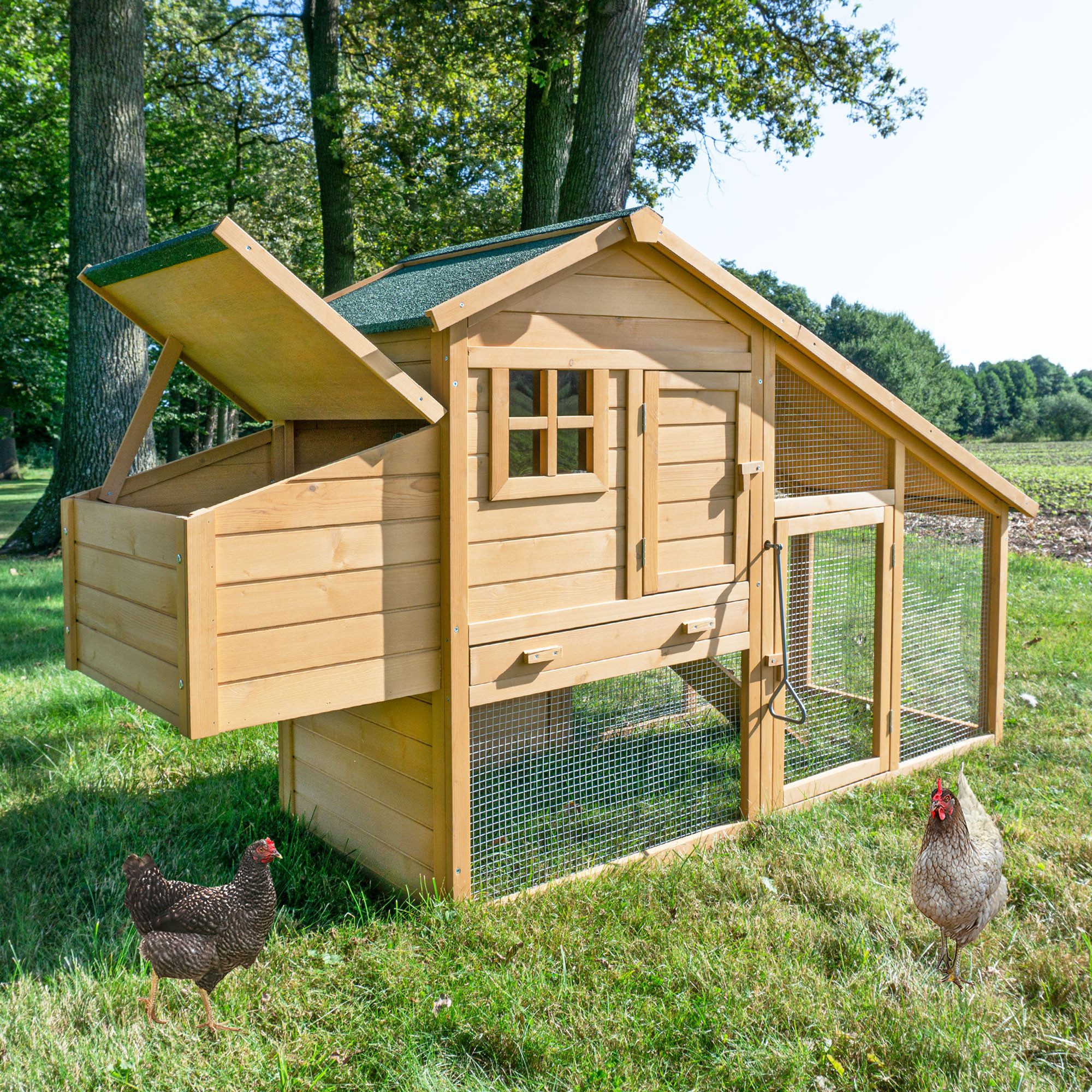 Zooprinz Hühnerstall Komfort mit Auslauf und Nistkasten, Bitumendach, Massives Kiefernholz