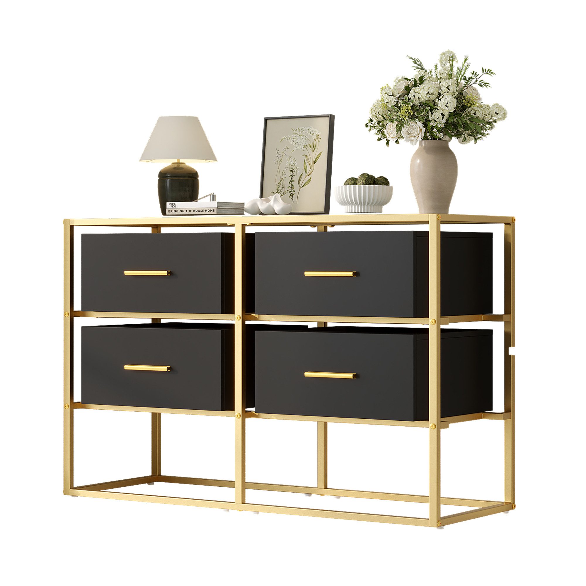 HOMSEE Sideboard Glas-Kommode mit 4 Schubladen, Schwarz-Gold, 100x35x65 cm (1 St)