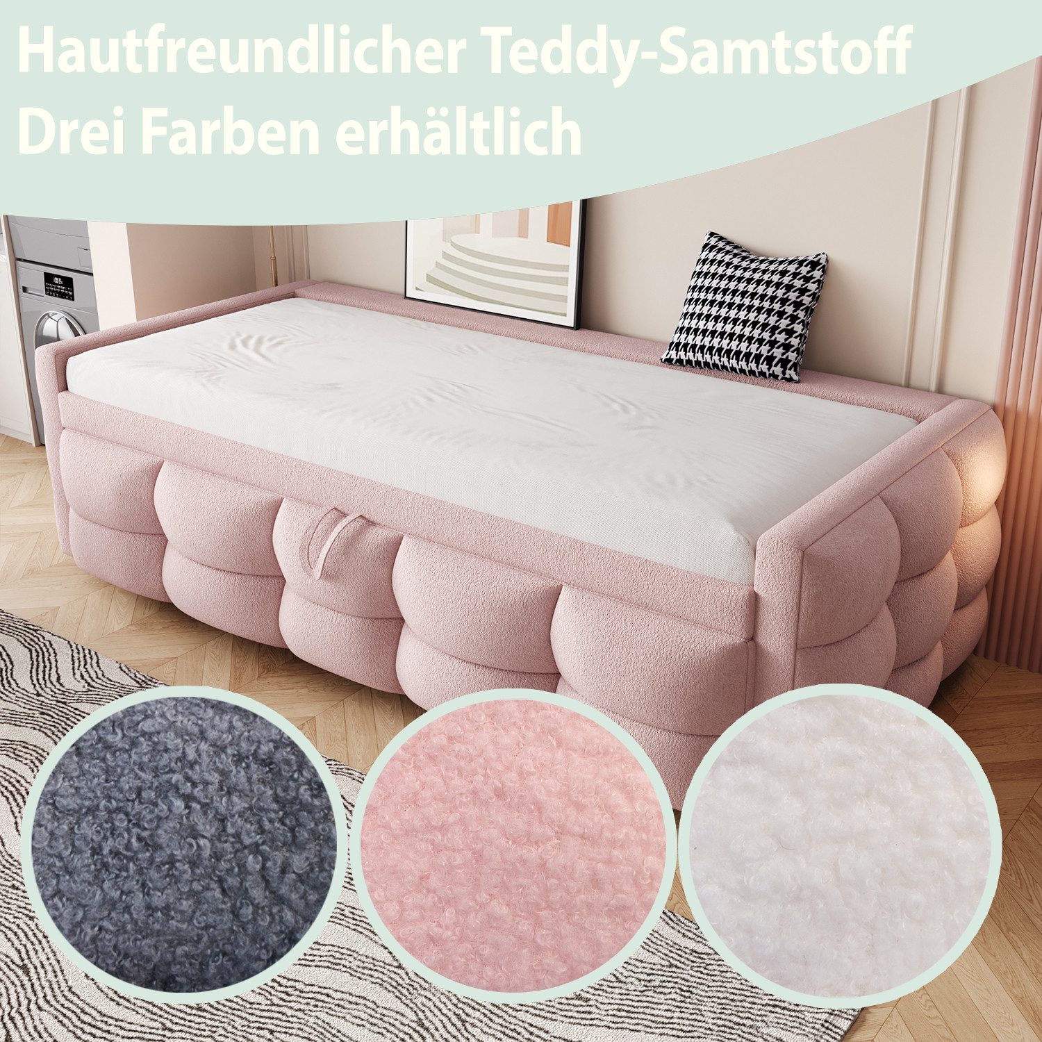 Merax Daybett (Einzelbett/Doppelbett), Polsterbett mit Ausziehbett, Schlafsofa aus Teddy-Samt, 90/180x190 cm