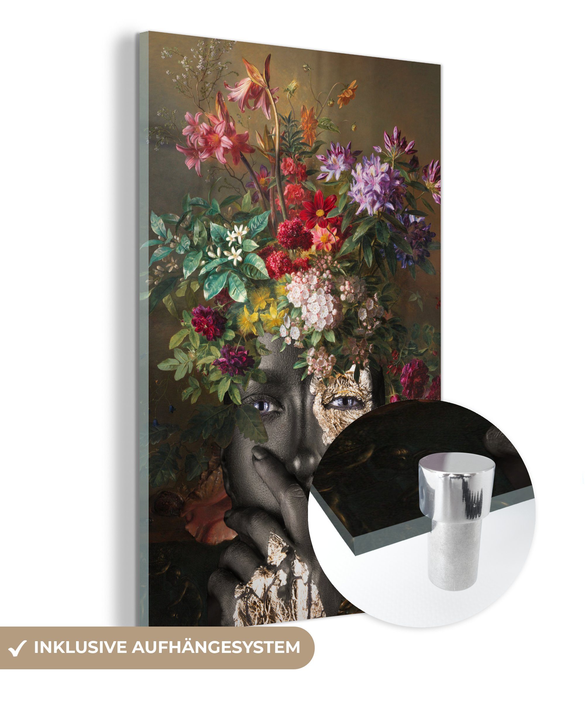MuchoWow Acrylglasbild Frau - Blumen - Elemente, (1 St), Glasbilder - Bilder auf Glas Wandbild - Foto auf Glas - Wanddekoration