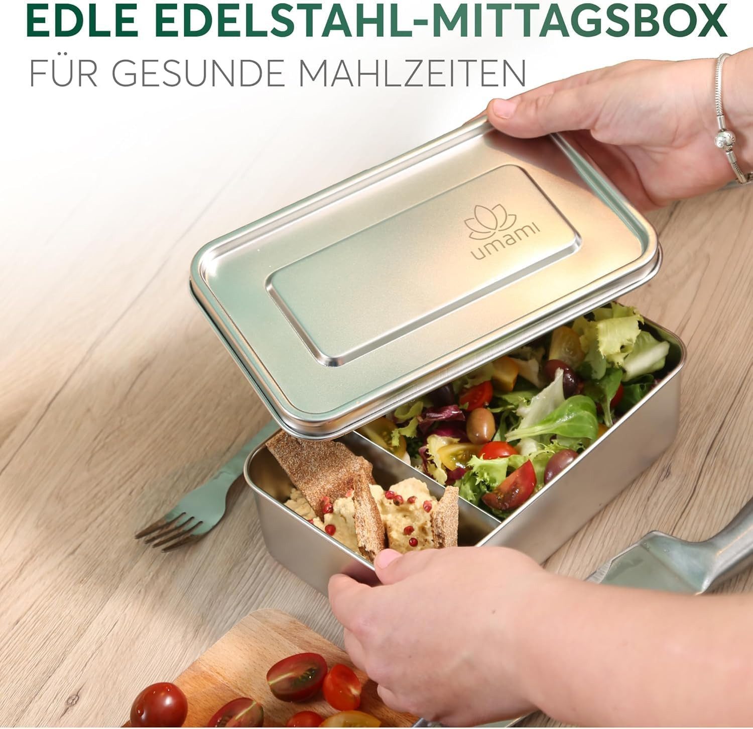UMAMI Lunchbox mit Gabel & Verstellbarem Trenner, Mikrowellen Spülmaschinenfest, Edelstahl, Auslaufsicher für Erwachsene, Metall-Bento-Box
